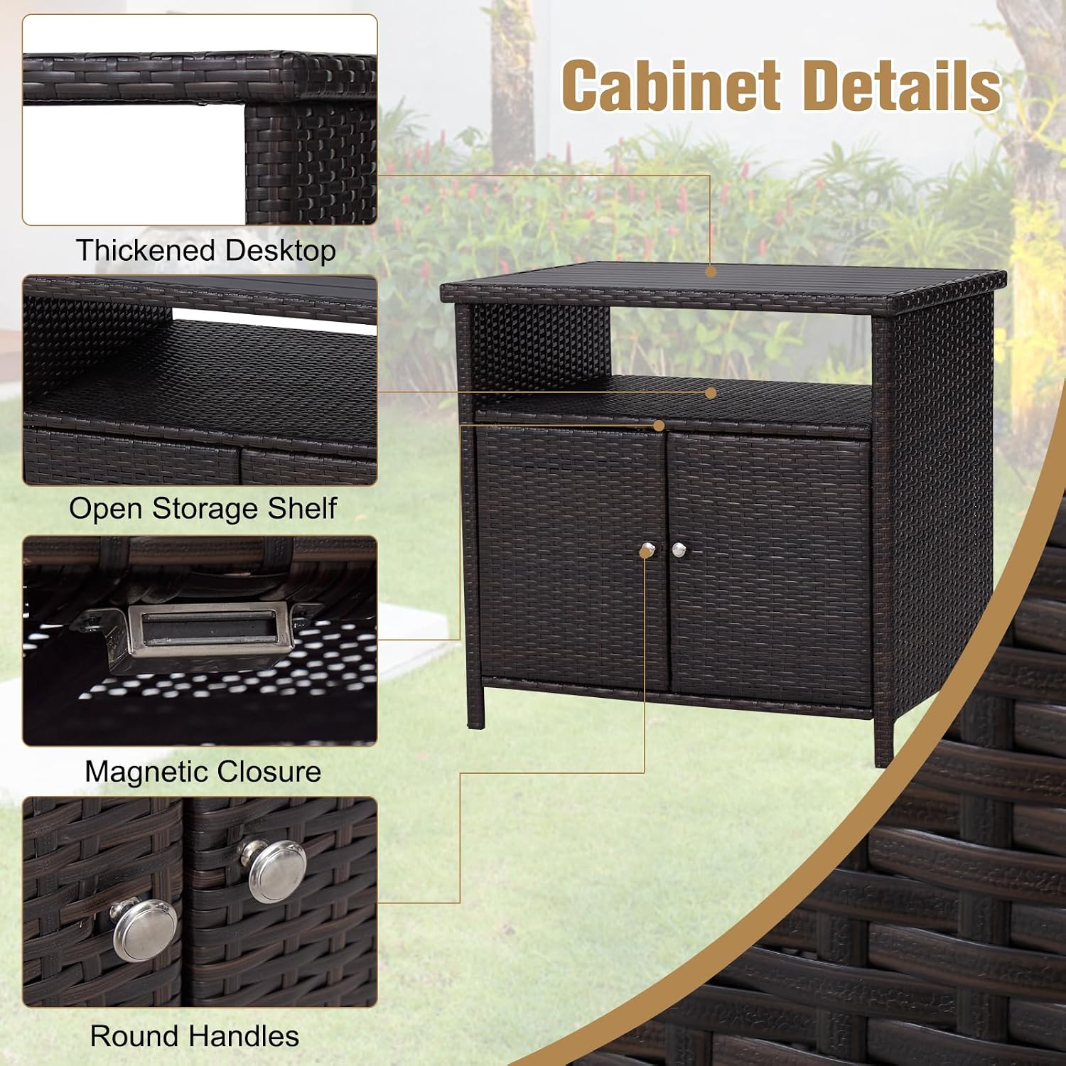 Outdoor Wicker Storage Cabinet - Patio Bar Table with Storage and Doors, Rattan Console Table Buffet Cabinet, Outdoor Storage Unit for Patio, Pool, Garden, Indoor, Kitchen, Dark Brown