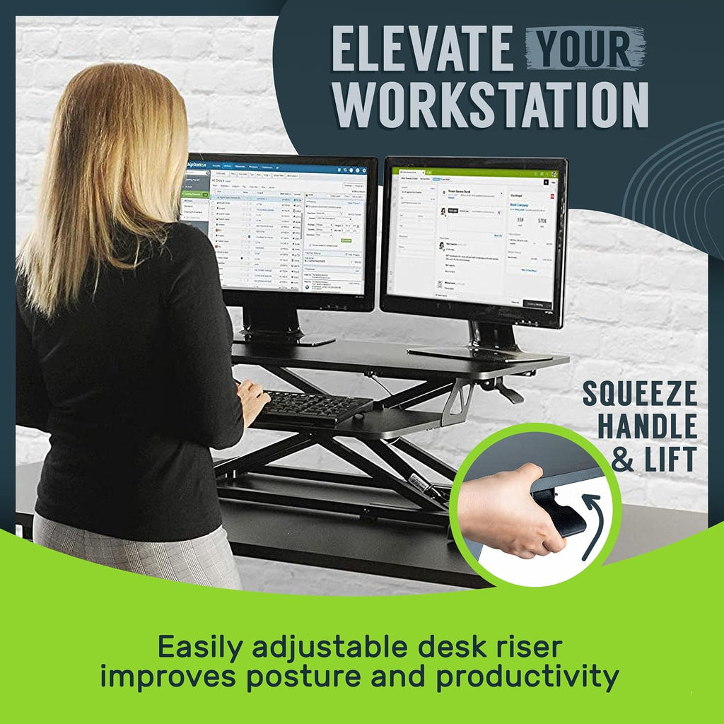 TechOrbits Standing Desk Converter - 32 Inch Adjustable Sit to Stand Up Workstation, Particle Board, Dual Monitor Desktop Riser with Keyboard Tray, for Home Office Laptop, Black 32'