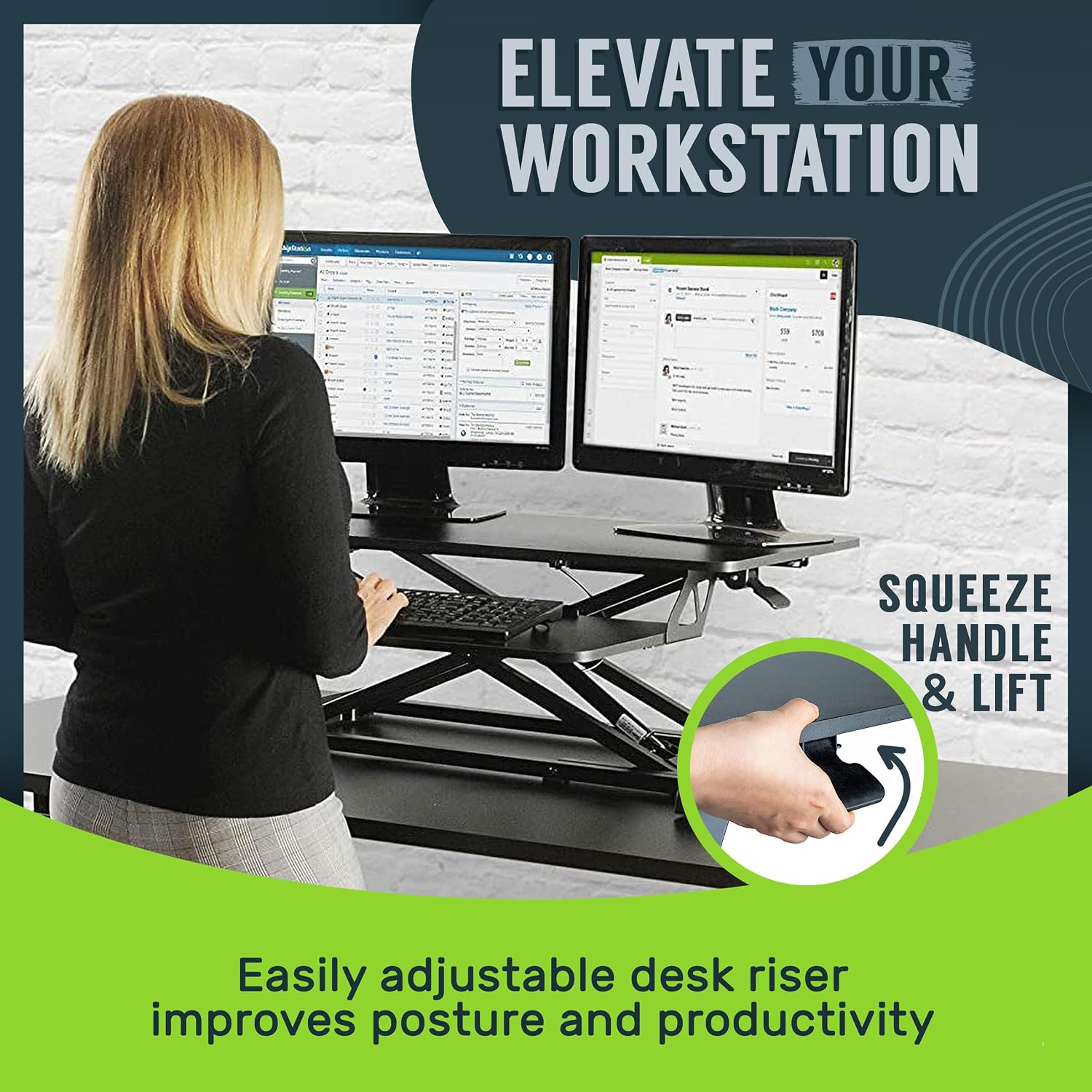 TechOrbits Standing Desk Converter - 32 Inch Adjustable Sit to Stand Up Workstation, Particle Board, Dual Monitor Desktop Riser with Keyboard Tray, for Home Office Laptop, Black 32'