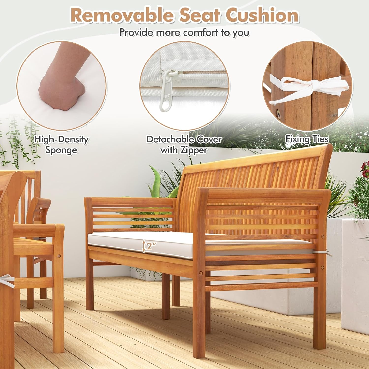Tangkula 5 Pieces Acacia Wood Patio Furniture Set, Wood Outdoor Conversation Set with 3-Seat Bench, Loveseat, 2 Armchairs & Coffee Table, Cushioned Outdoor Sofa Set for Poolside, Porch, Balcony