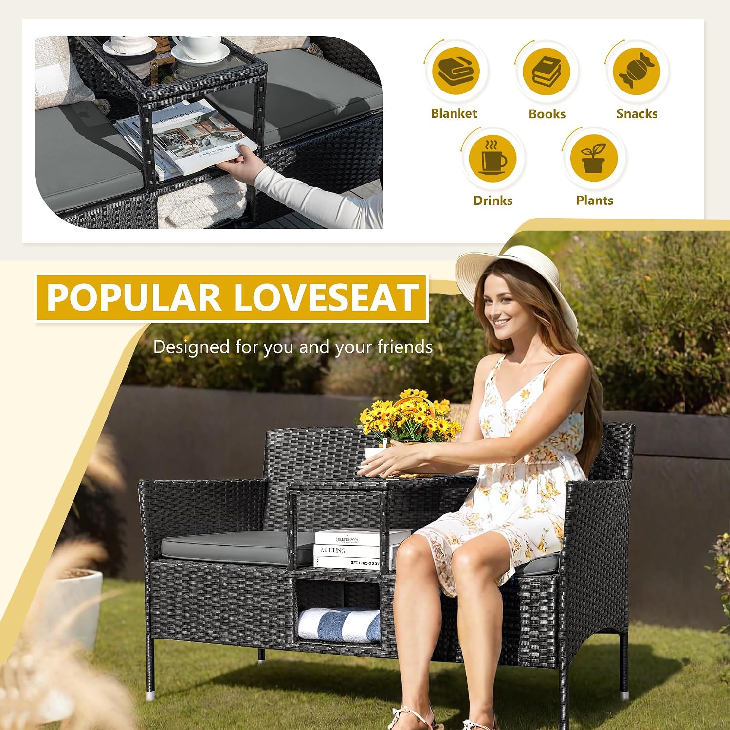Devoko Outdoor Patio Loveseat Modern Rattan 2-Seat Patio Conversation Set with Cushions & Built-in Coffee Table Porch Furniture for Garden Lawn Backyard (Grey)