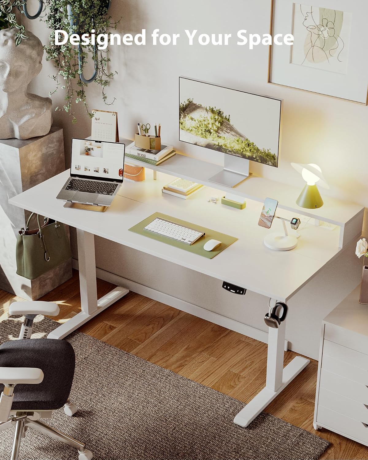 Agilestic 63x24 Inch Electric Standing Desk with Shelf, Height Adjustable Desk with Power Outlets & LED, Sit Stand Up Table with Monitor Stand, Computer Workstation, White