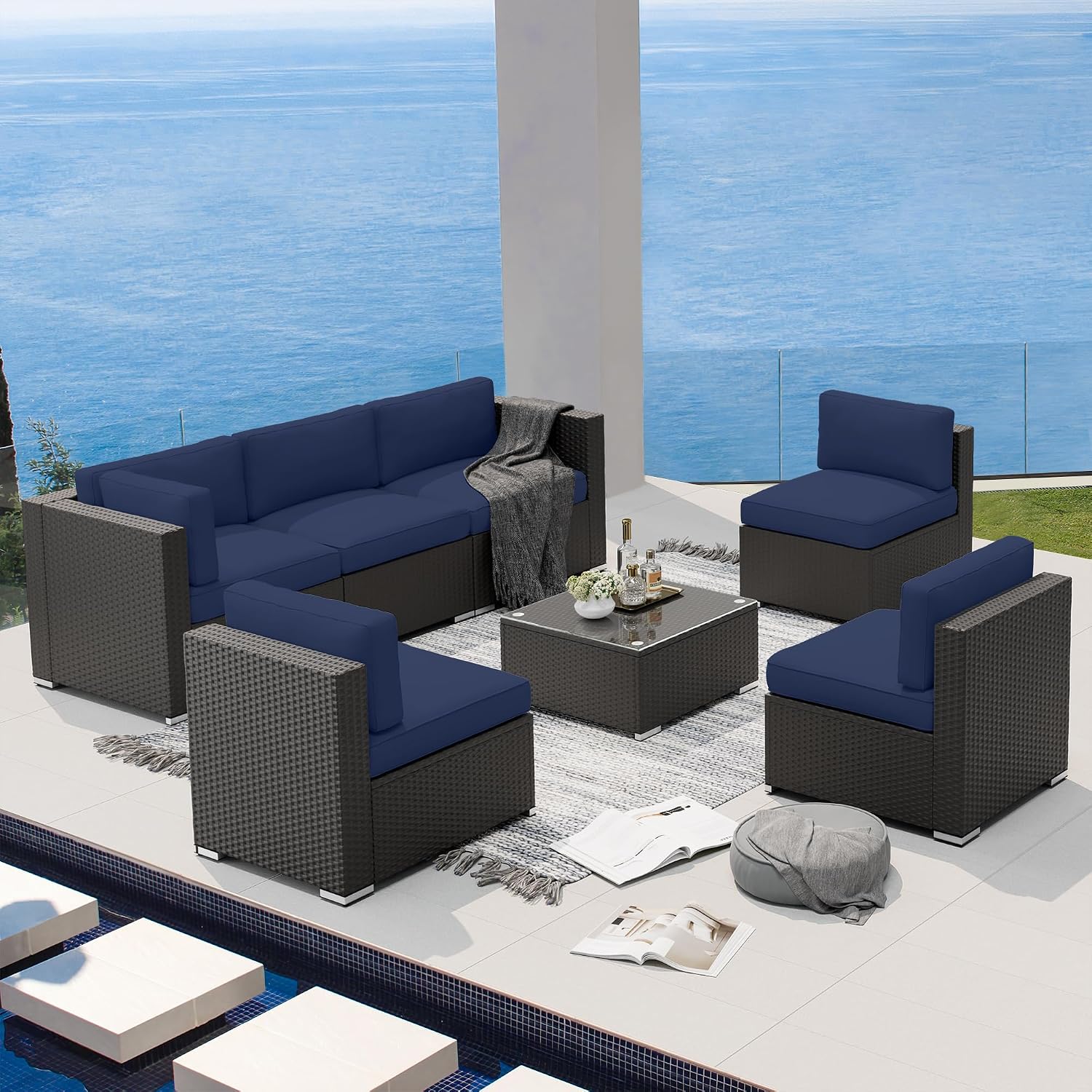 SUNCROWN 7-Piece Outdoor Patio Furniture Sofa Set All-Weather Black Wicker Sectional Cushioned Washable Seat Conversation Set with Modern Glass Coffee Table and Cushions, Backyard, Garden, Dark Blue