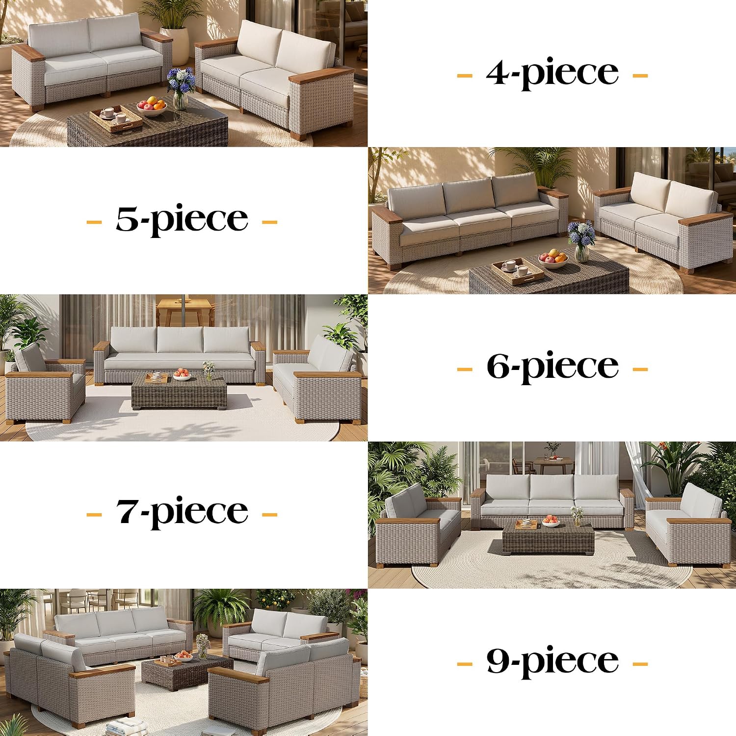 PaPaJet 3 Seat Outdoor Patio Sofa, All-Weather Wicker Couch with Solid Wood Armrests and Legs, 4.7 Inch Thick Removable Cushions, UV Resistant Modular Sofa Perfect for Porch, Backyard, Garden