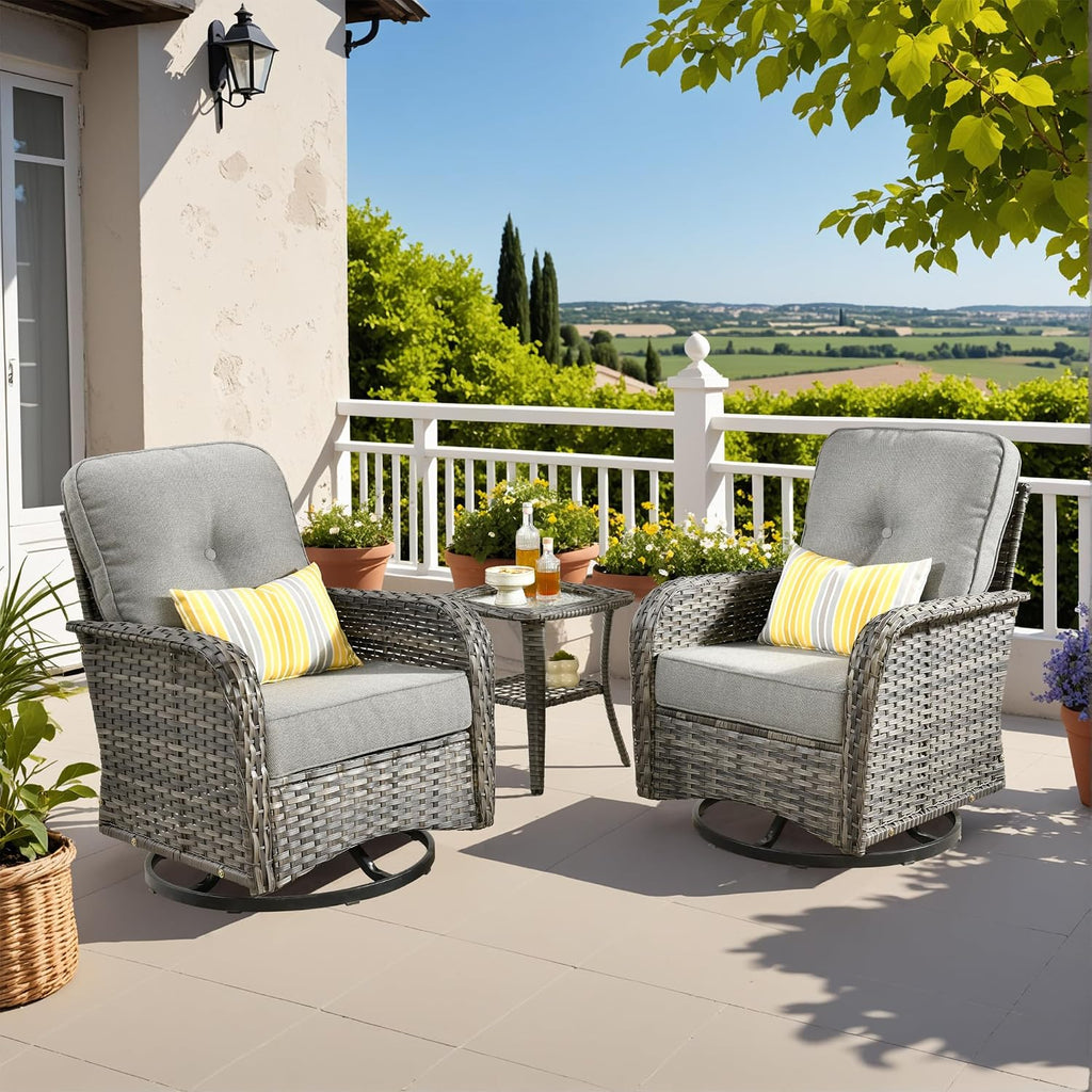 CAODOC 3-Piece Swivel Rocking Rattan Chair Outdoor, Patio Bistro Furniture Conversation Set, Wicker Chair with Coffee Table Dark Gray