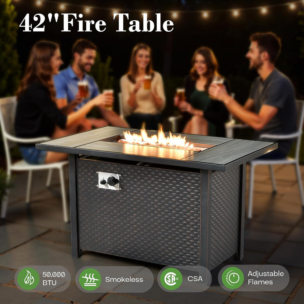 9 Pcs Patio Furniture with Fire Pit Table, Outdoor Rattan Wicker Conversation Set with Glowing Coffee Table, Comfy Sectional Sofa for Porch Balcony Backyard Pool, Blue