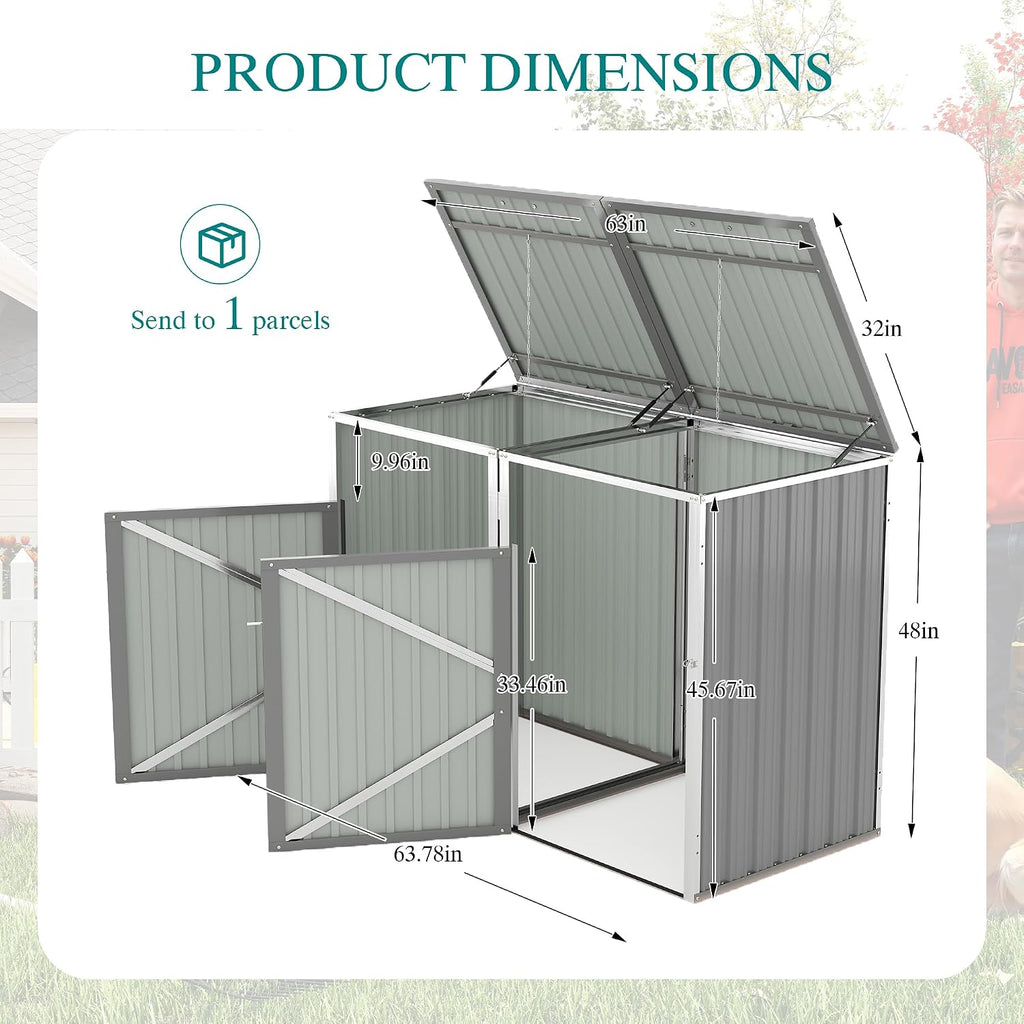 Outdoor Trash Can Storage, Garbage Bin Shed Stores 2 Trash Cans with Pneumatic Support Rod, 54 Cubic feet of Space, Metal Outdoor Storage Shed for Garbage Cans, Garden, Backyard, Patio, Light Gray