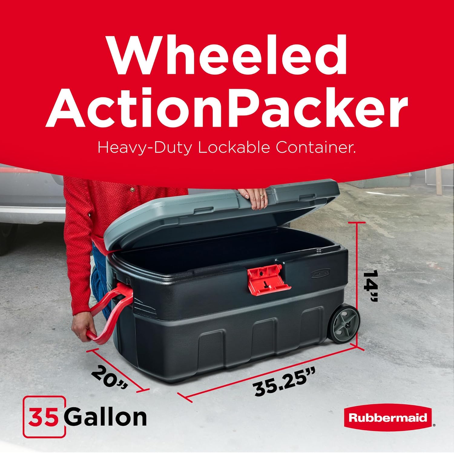 Rubbermaid ActionPacker 35 Gallon, Made in USA, Lockable Plastic Storage Bin with Lid and Wheels- Outdoor, Industrial, Rugged, Camping Gear and Truck Bed Storage - Gray and Black