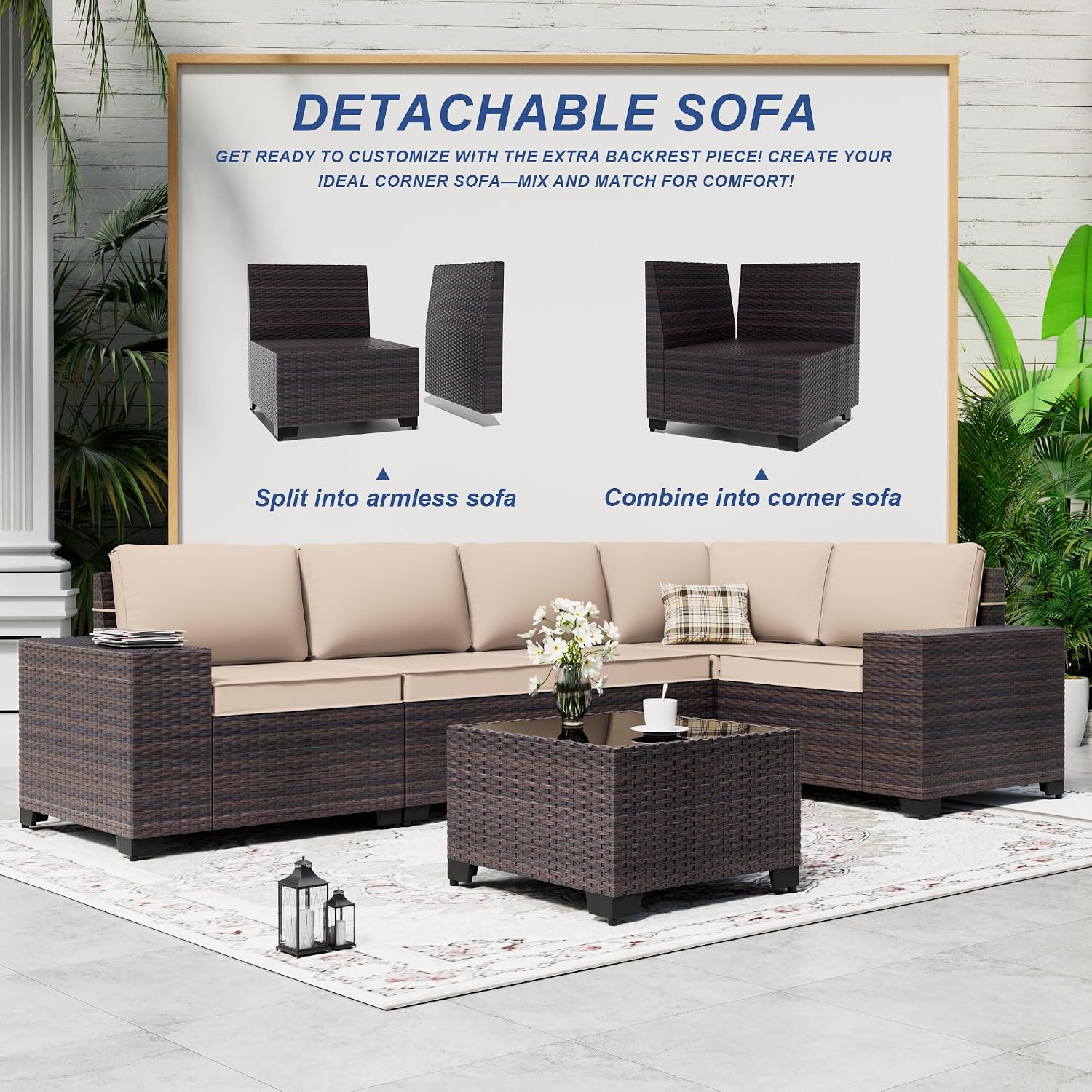 Outdoor Patio Furniture Set, 6 Pieces Outdoor Sectional Furniture High Backrest Patio Sofa, All-Weather PE Rattan Patio Conversation Set with Coffee Table & Cushions-Sand.