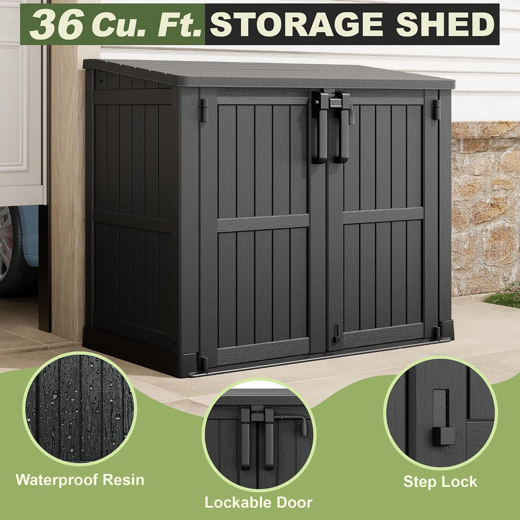 36 Cu Ft Resin Outdoor Storage Shed, Weatherproof Horizontal Outdoor Storage Cabinet with Dual Lock Door for Backyard, Patio, Garage, Garden(Black)