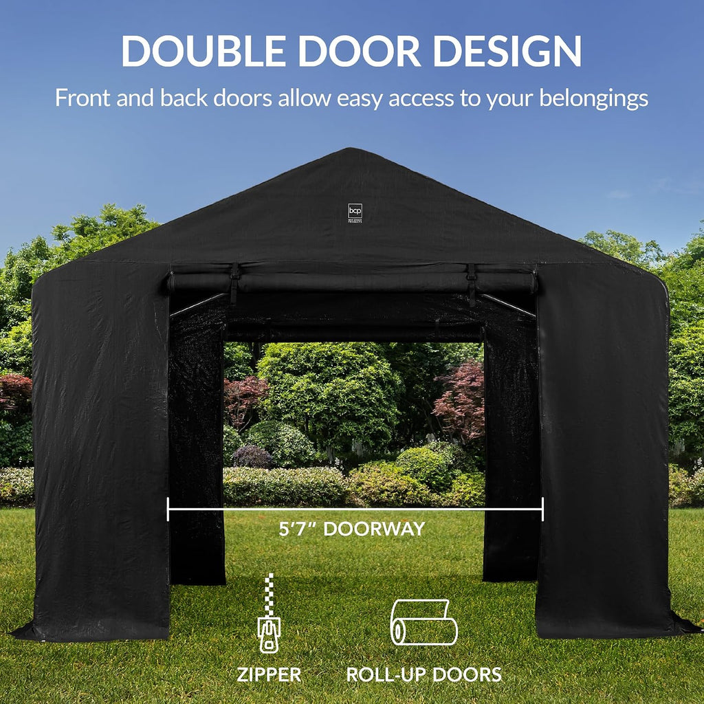Best Choice Products 10x8ft Outdoor Storage Shed, Carport, Canopy Shelter, Dual Doors & Windows, Metal Frame, Weather-Resistant, Perfect for Storing Motorcycle, Bike, Garden Tools – Black
