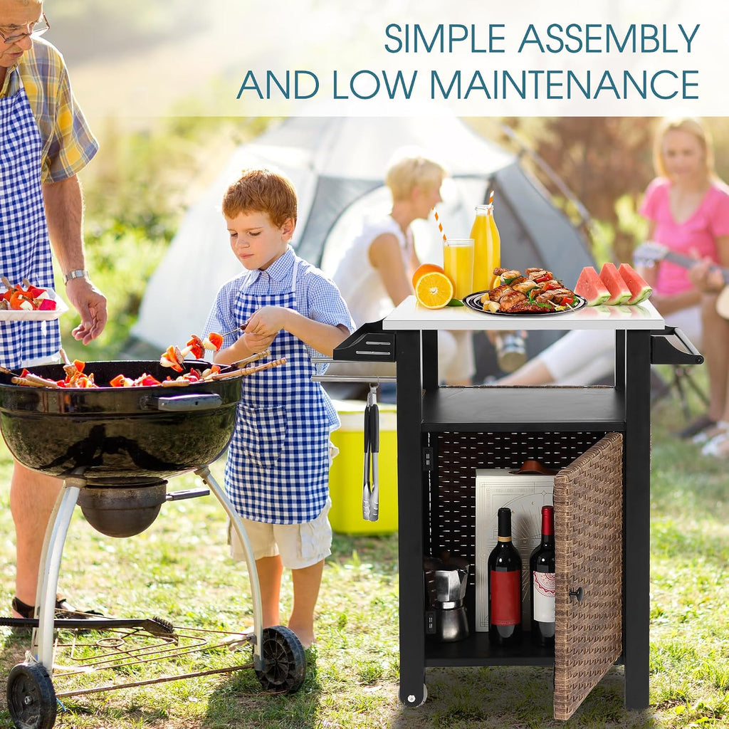 Wicker Grill Cart with Wheels, Outdoor Prep Table with Storage and Rolling Wheels, Samll Kitchen Island Serving Cart with Stainless Steel Table Top for BBQ, Porch, Patio, Brown