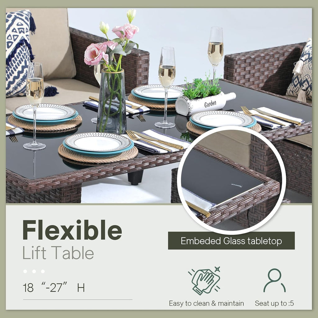SUNSITT Outdoor Patio Furniture Set 4 Piece Wicker Conversation Set with Lift Coffee Table Sectional Dining Set 3 Seat Sofa Couch with Club Chair, Brown Wicker & Beige Cushion