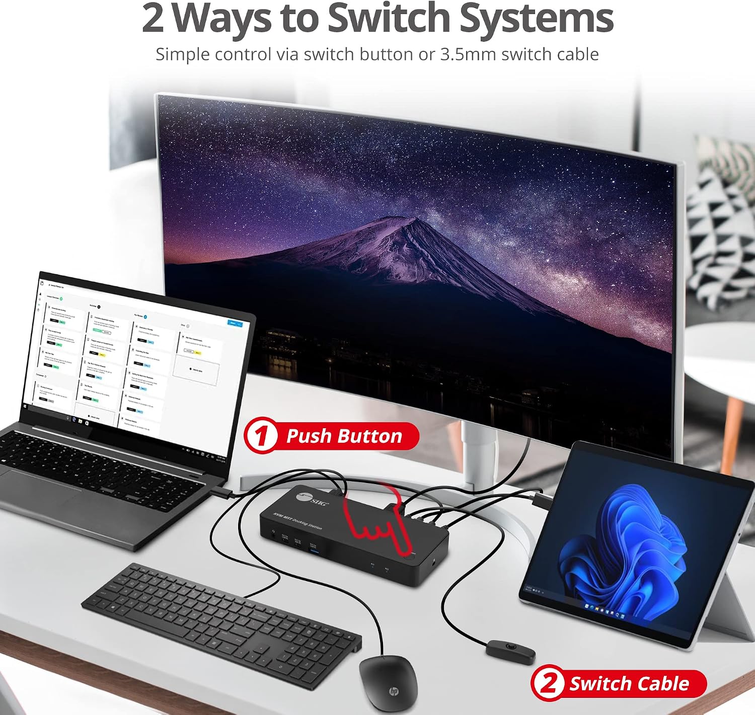SIIG 2-Port USB-C KVM Docking Station with PD 65W, for 2 Monitors 2 Computers, MST Technology, 1x HDMI 1x DisplayPort, Gigabit Ethernet, Headset Jack (CE-DK0111-S1)