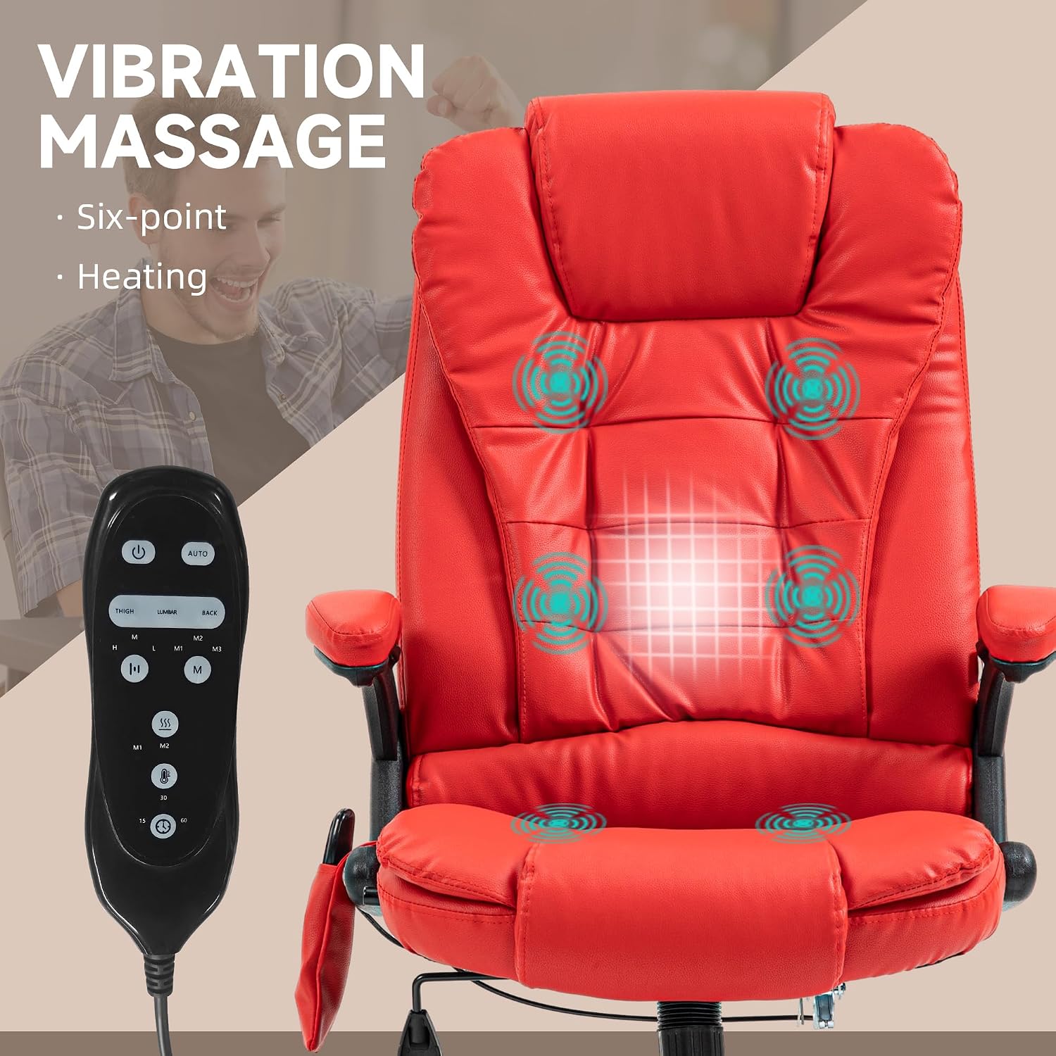 HOMCOM High Back Vibration Massage Office Chair with 6 Vibration Points, Heated Reclining PU Leather Computer Chair with Armrest and Remote, Red