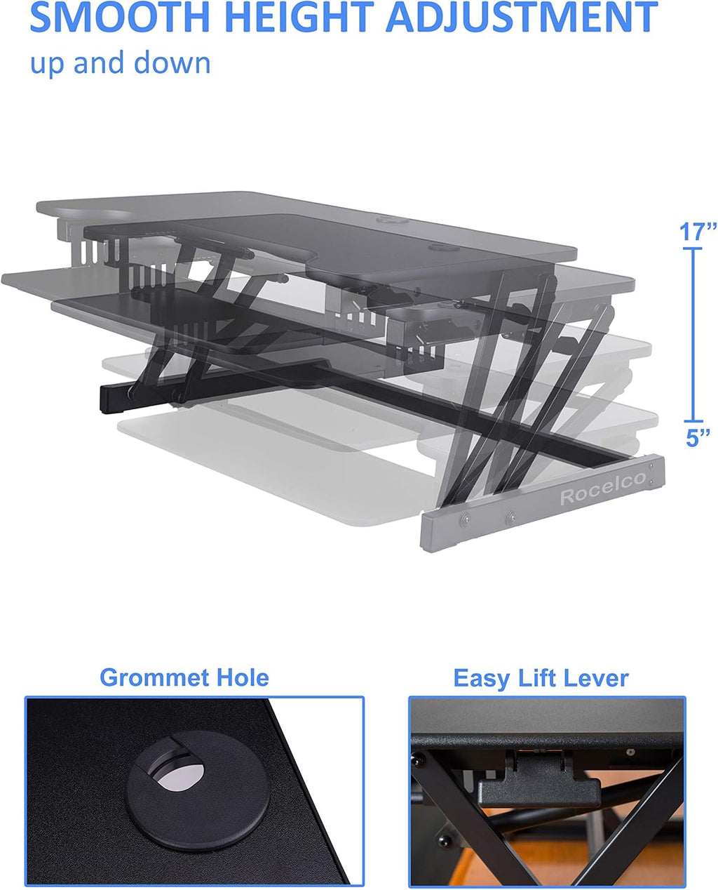 Rocelco 37.5' Deluxe Height Adjustable Standing Desk Converter - Quick Sit Stand Up Dual Monitor Riser - Gas Spring Assist Computer Workstation - Large Retractable Keyboard Tray - Black (R DADRB)