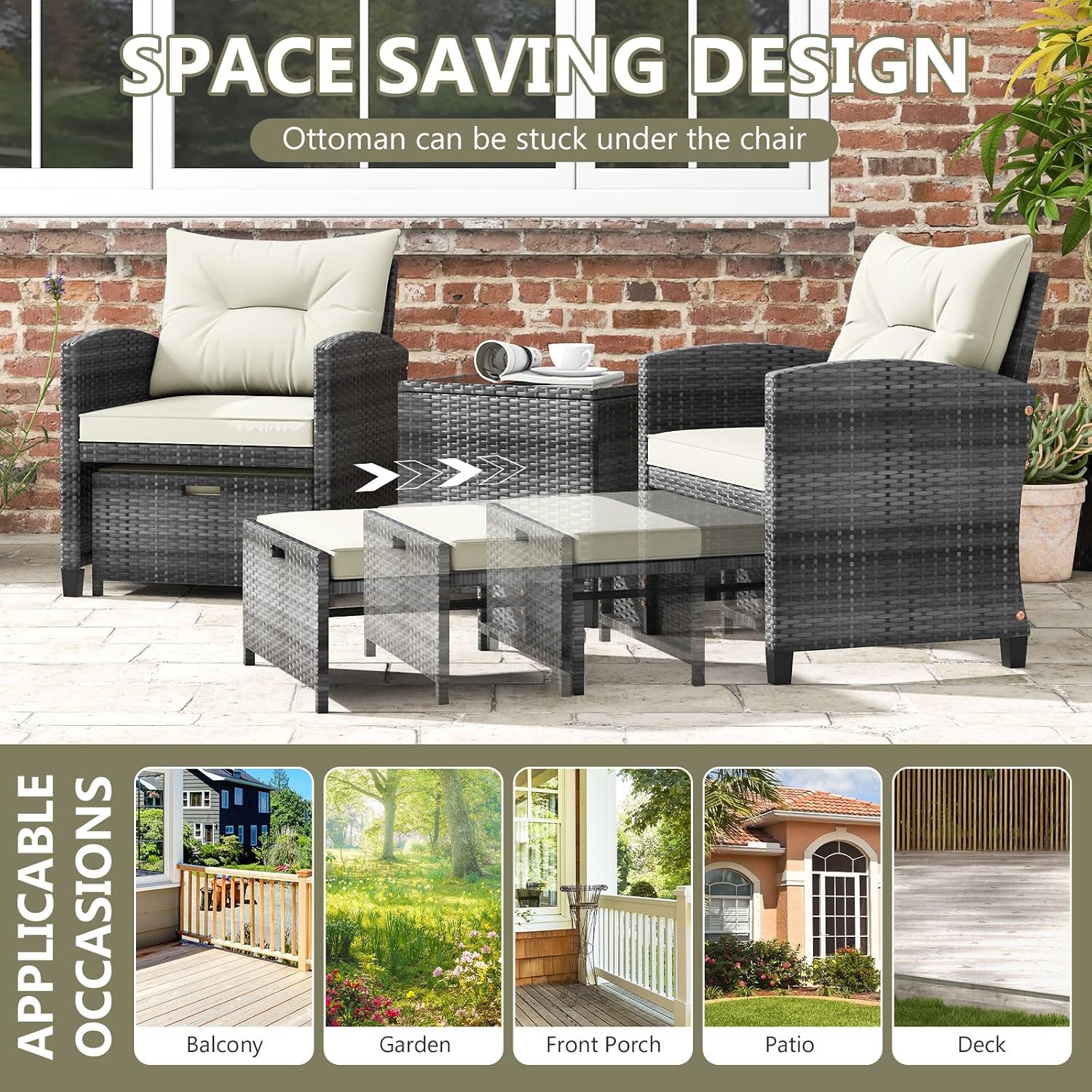 ORALNER 5 Pieces Patio Furniture Set with Ottoman, Wicker Conversation Set w/Cushions, Glass Coffee Table, Outdoor Lounger Rattan Chairs Bistro Set for Porch Balcony Garden Deck Poolside (White)
