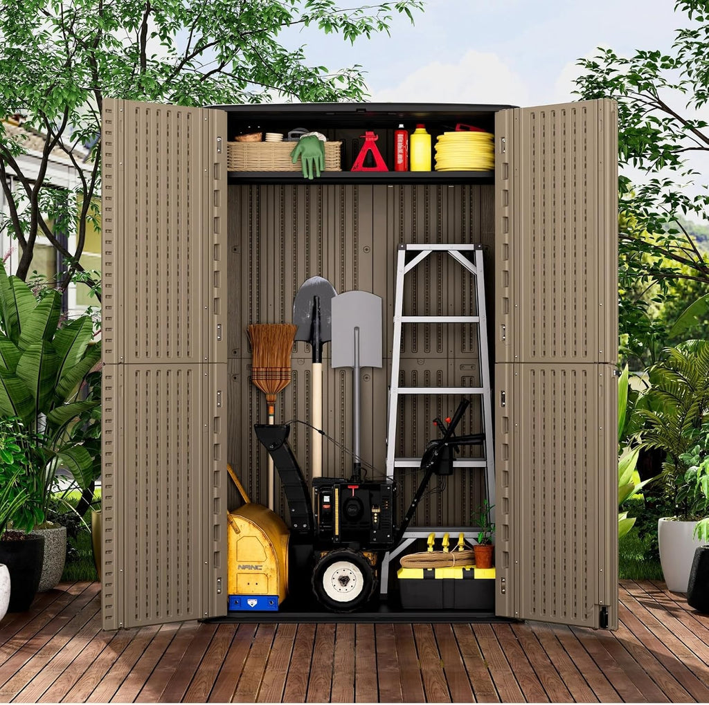ZZM Large 67 Cu.ft Waterproof Storage Shed, Outdoor Storage Cabinet，Durable Resin Sheds for Patio Furniture, Garden Tools, Pool Accessories, Mower Storage (Coffee)