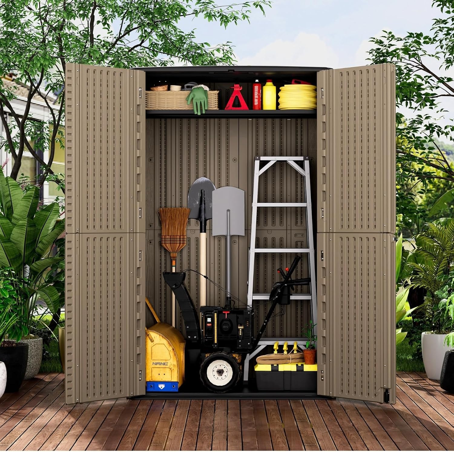 ZZM Large 67 Cu.ft Waterproof Storage Shed, Outdoor Storage Cabinet，Durable Resin Sheds for Patio Furniture, Garden Tools, Pool Accessories, Mower Storage (Coffee)