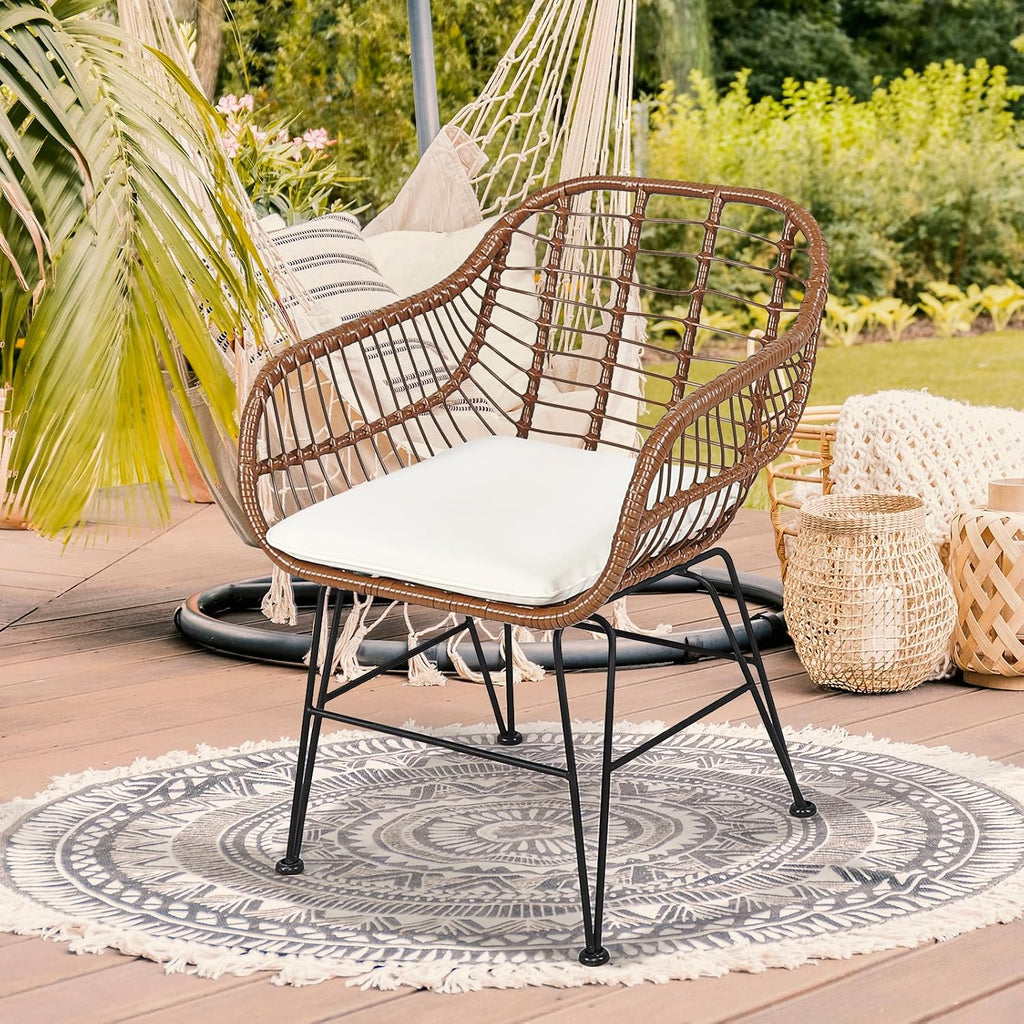 COSTWAY 3 Pieces Patio Bistro Set, Outdoor Rattan Conversation Seating Chair Set with Coffee Table & Soft Cushions, Indoor Wicker Furniture Set for Garden, Balcony, Porch, Pool,Beige