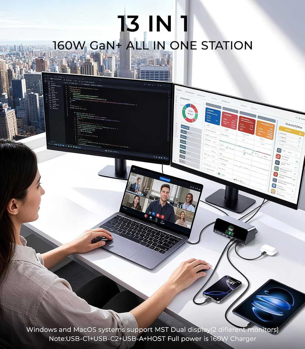 RayCue USB C Docking Station, 13-Port Dual 4K Display Laptop Docking Station with 160w Max USB-C Output, 2.26''LCD Smart Display, 10Gbps USB A/C Ports,Ethernet Ports for macOS and Windows