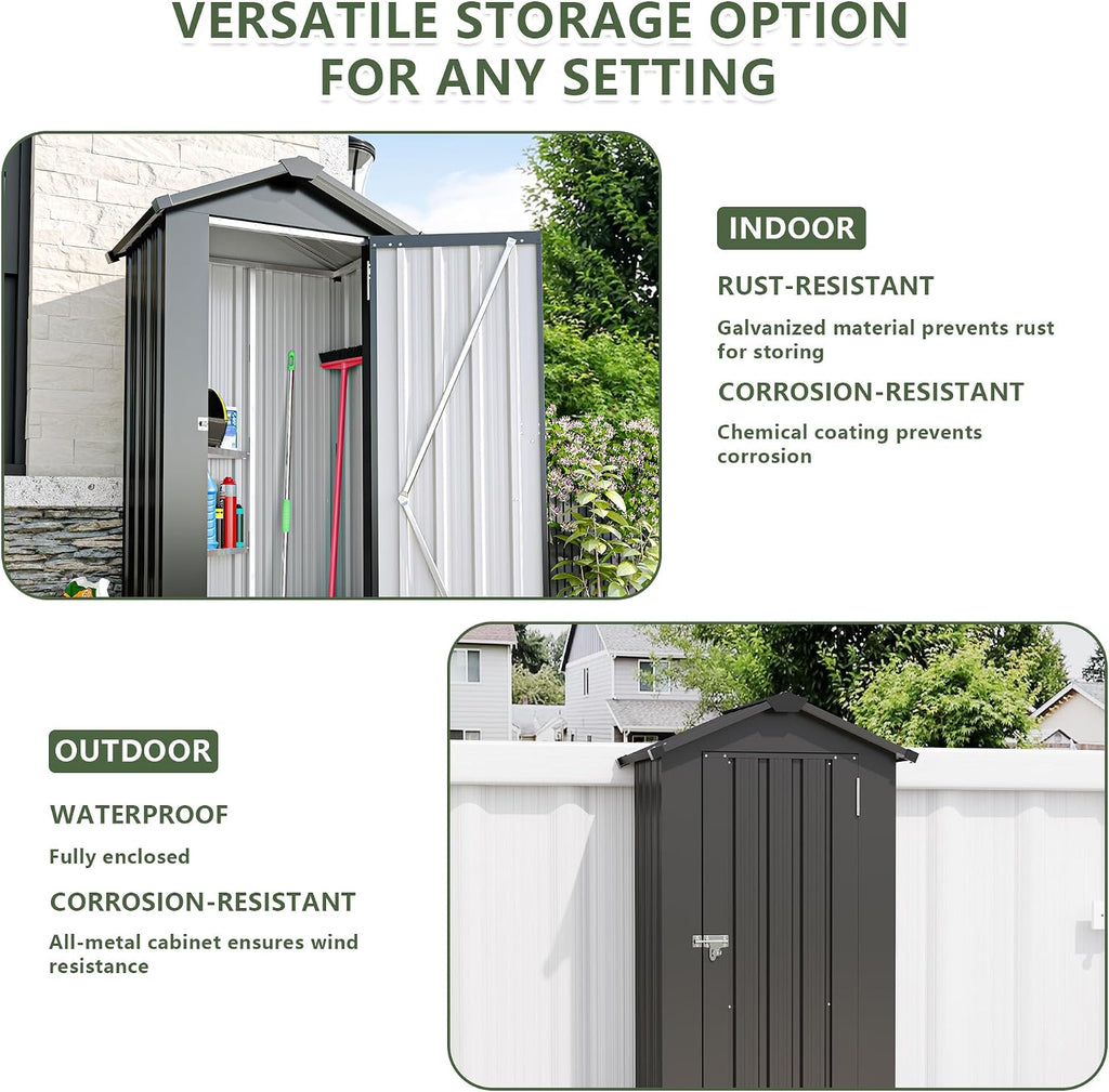 Outdoor Metal Storage Shed, Waterproof Garden Tool Shed with Lock, Galvanized Steel Utility Cabinet, Weather-Resistant Storage Locker for Backyard, Patio, Garage Tools Organization (Dark Gray)