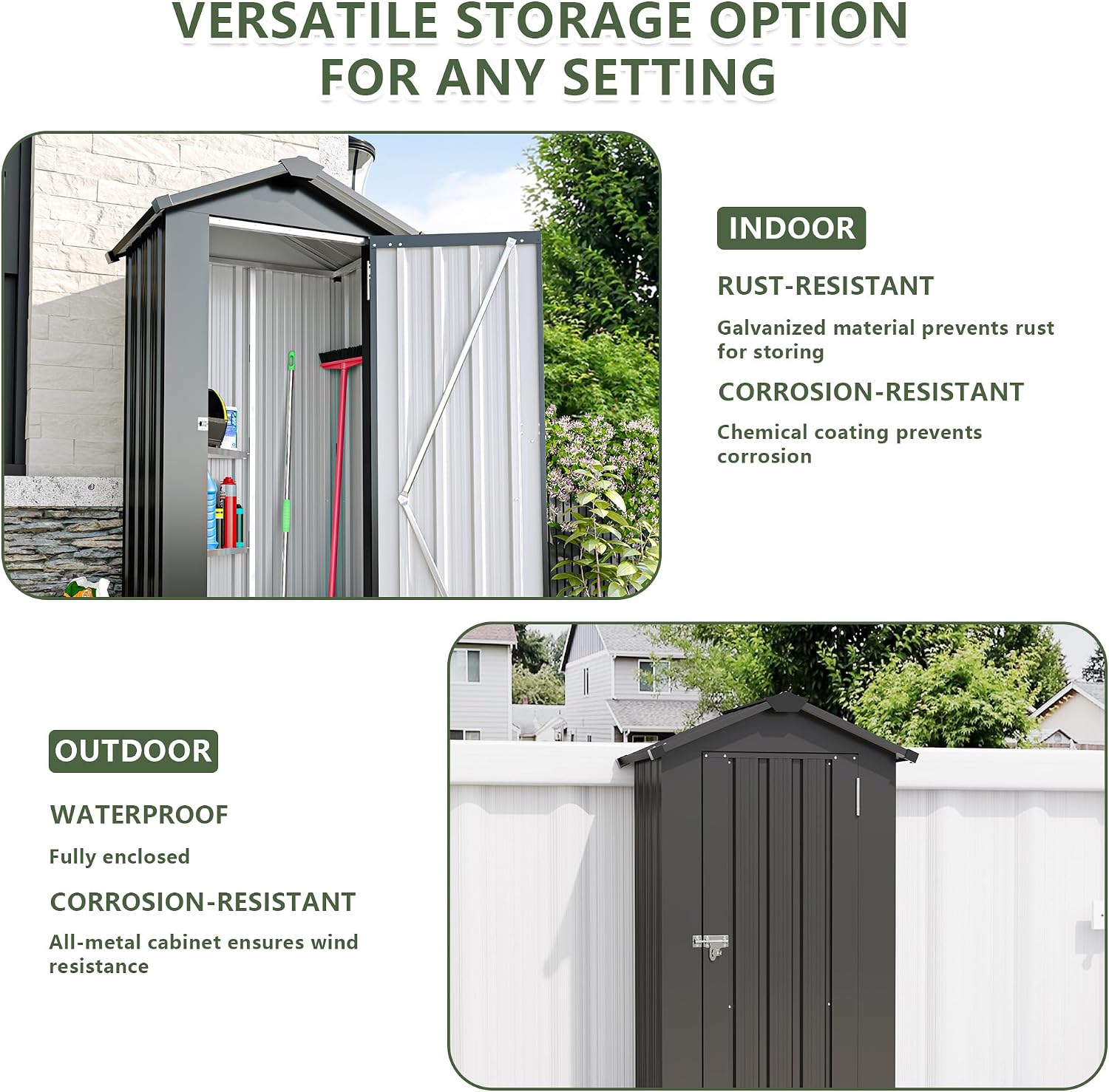 Outdoor Metal Storage Shed, Waterproof Garden Tool Shed with Lock, Galvanized Steel Utility Cabinet, Weather-Resistant Storage Locker for Backyard, Patio, Garage Tools Organization (Dark Gray)