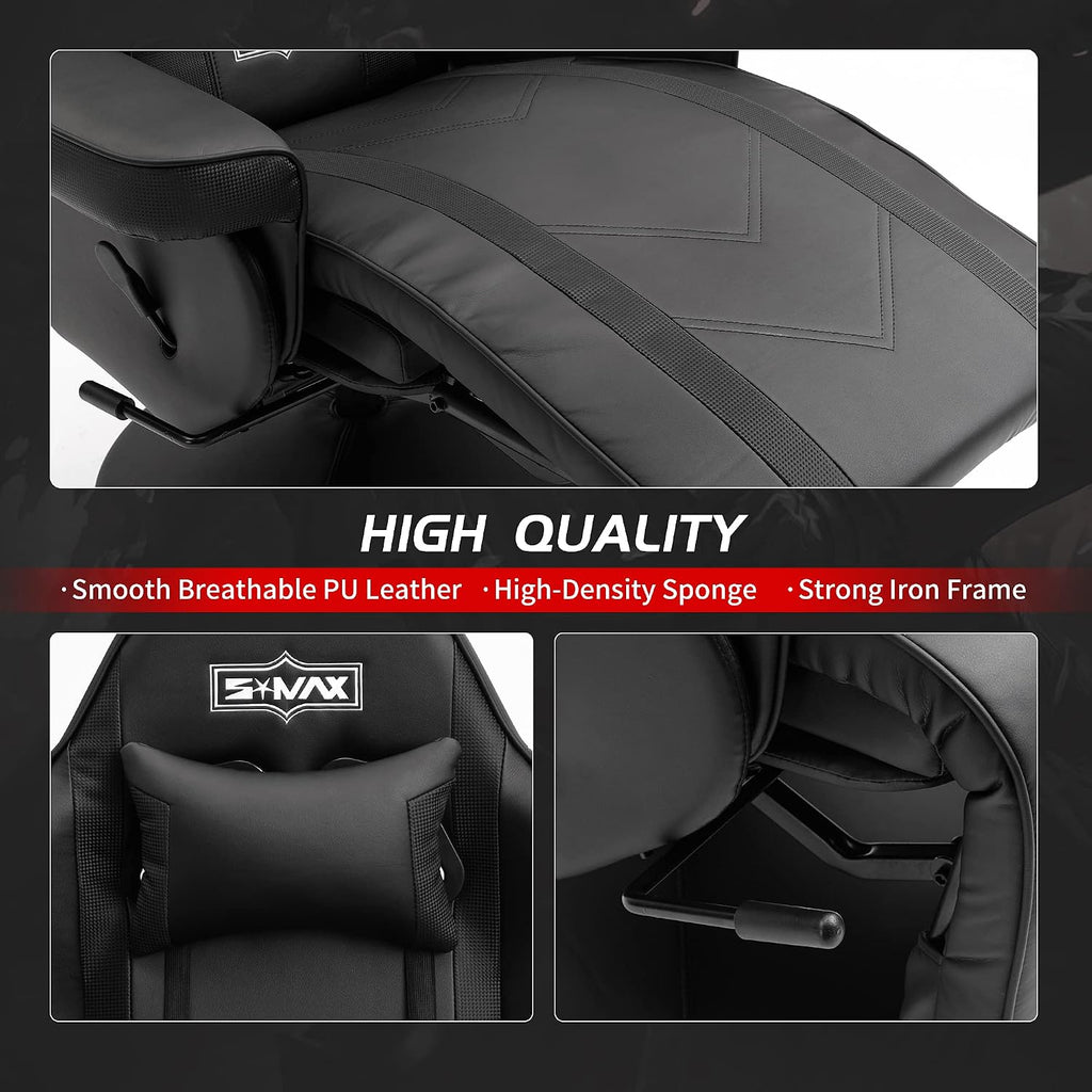S*MAX Gaming Recliner Chair for Adults Racing Style Ergonomic High Back Swivel PU Leather Gaming Chair with Adjustable Backrest and Footrest Cup Holder Side Pouch Black