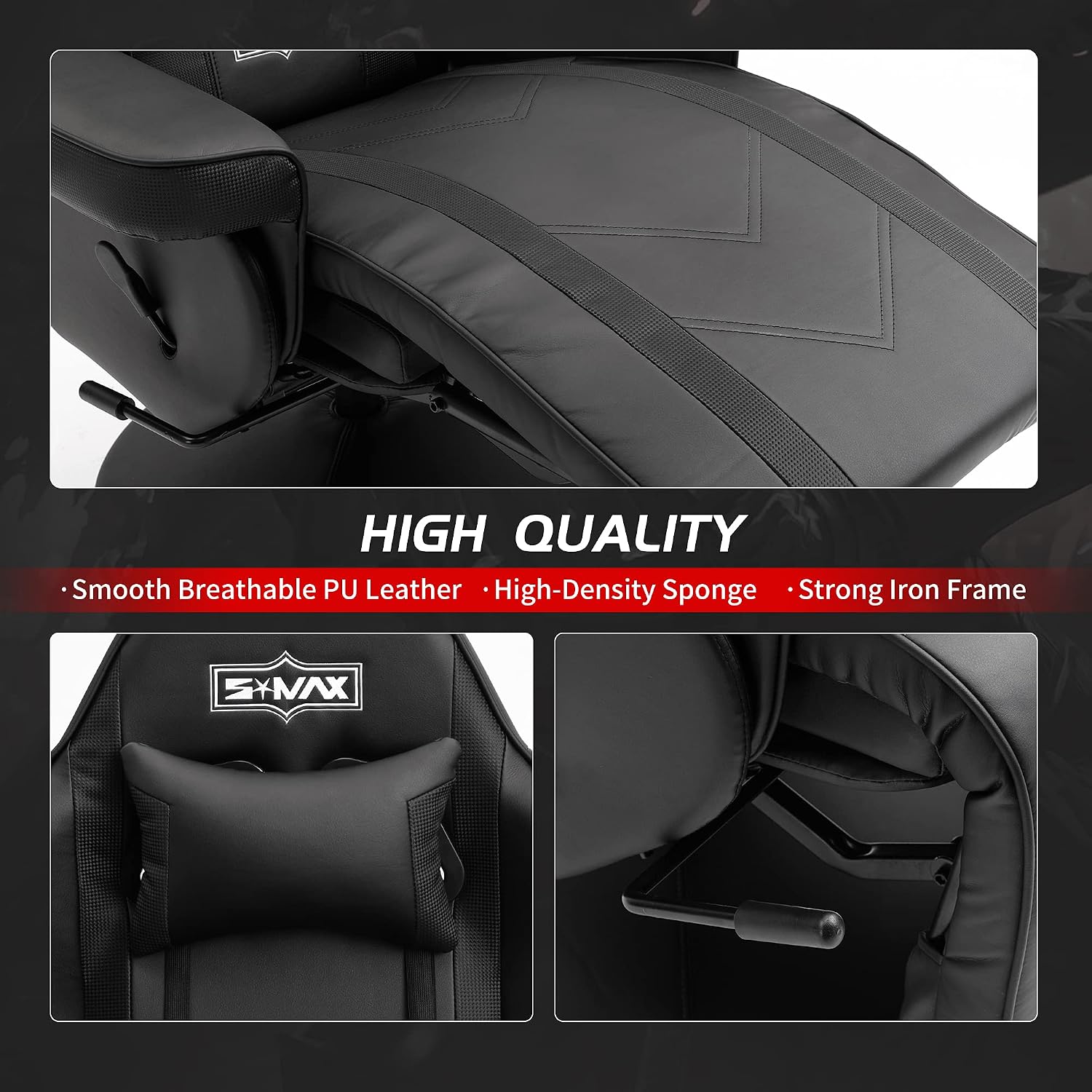 S*MAX Gaming Recliner Chair for Adults Racing Style Ergonomic High Back Swivel PU Leather Gaming Chair with Adjustable Backrest and Footrest Cup Holder Side Pouch Black