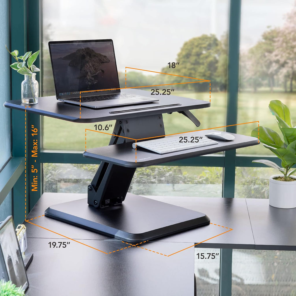 Mount-It! Standing Desk Converter, Compact 25' Sit Stand Desk Riser with Gas Spring Lift, Adjustable Height Desktop Riser for Laptop, Monitor, and Keyboard, Small Home Office Desk Converter