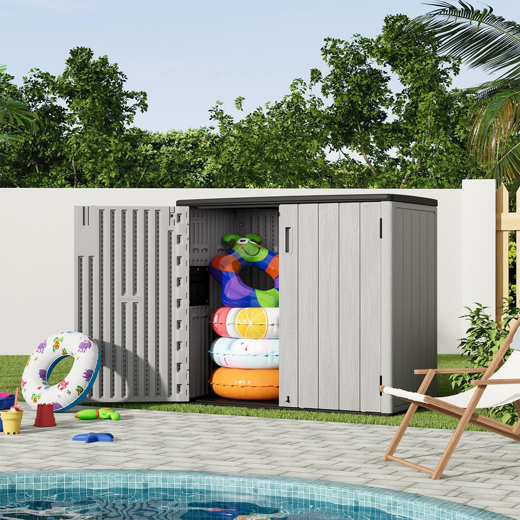 KINYING Outdoor Horizontal Storage Sheds,37 Cu.ft Outdoor Storage Cabinet Waterproof Resin Tool Storage Box for Lawn Mower,Garden Tools and Patio Furniture, Lockable (Grey)