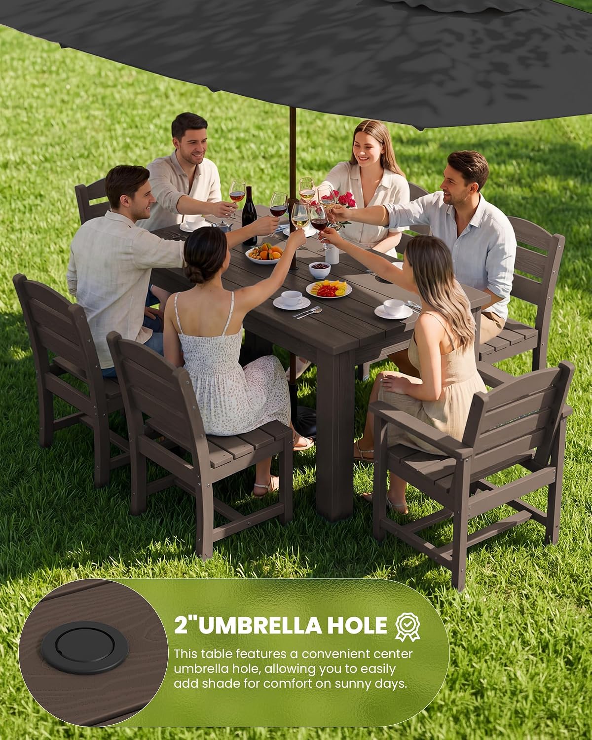 SERWALL Patio Dining Sets for 8, Outdoor Dining Sets for 8 Person with 2 Umbrella Hole Cut-Out Rectangular Tables and 8 Chairs, HDPE Dining Sets for Garden, Backyard, Poolside, Coffee