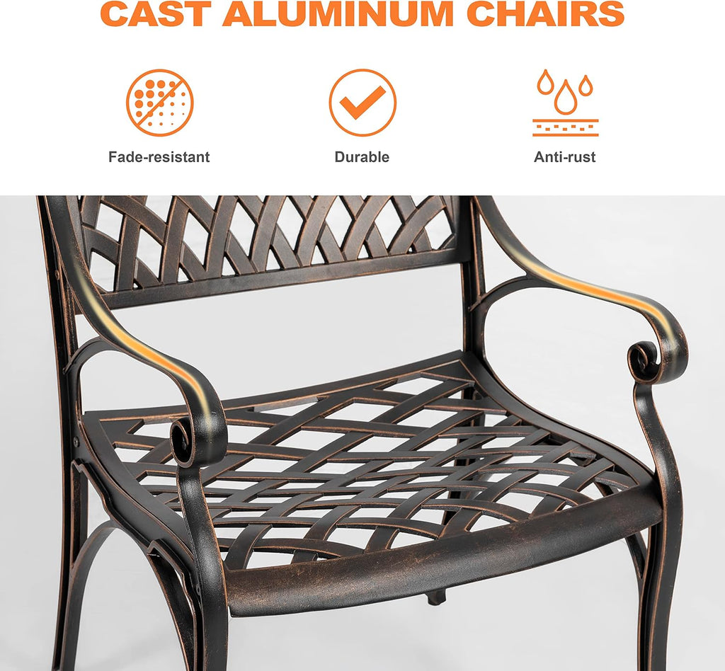 NUU GARDEN 5 Piece Outdoor Patio Dining Set, Cast Aluminum Round Dining Table with Umbrella Hole and Patio Dining Chairs for Patio, Garden, Backyard, Balcony, Black with Bronze Edge