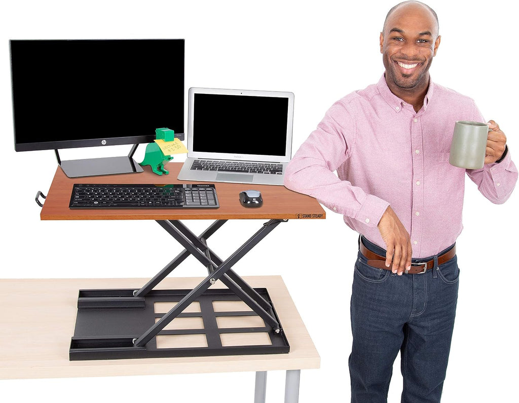 Stand Steady X-Elite Pro, Ergonomic Adjustable Height Standing Desk Converter for Home or Office, Easy Lift Sit to Stand Laptop Desk Riser for Laptop and Computer Monitor (Cherry, 28in x 20in)