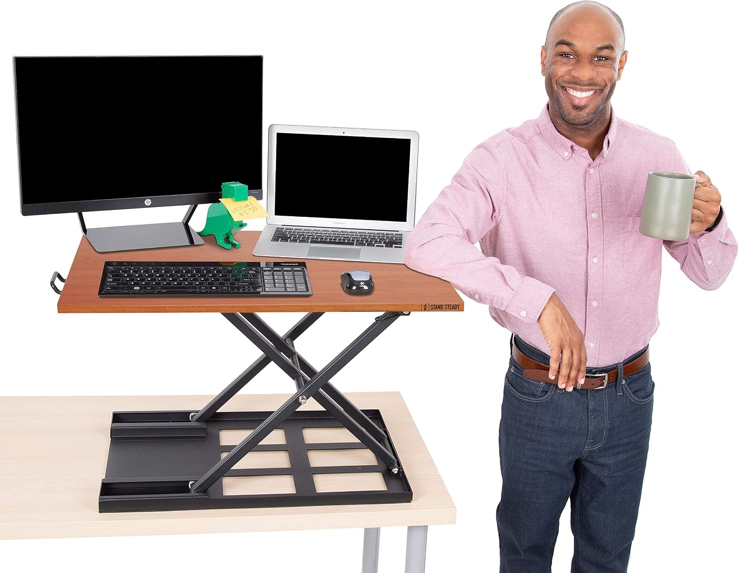 Stand Steady X-Elite Pro, Ergonomic Adjustable Height Standing Desk Converter for Home or Office, Easy Lift Sit to Stand Laptop Desk Riser for Laptop and Computer Monitor (Cherry, 28in x 20in)