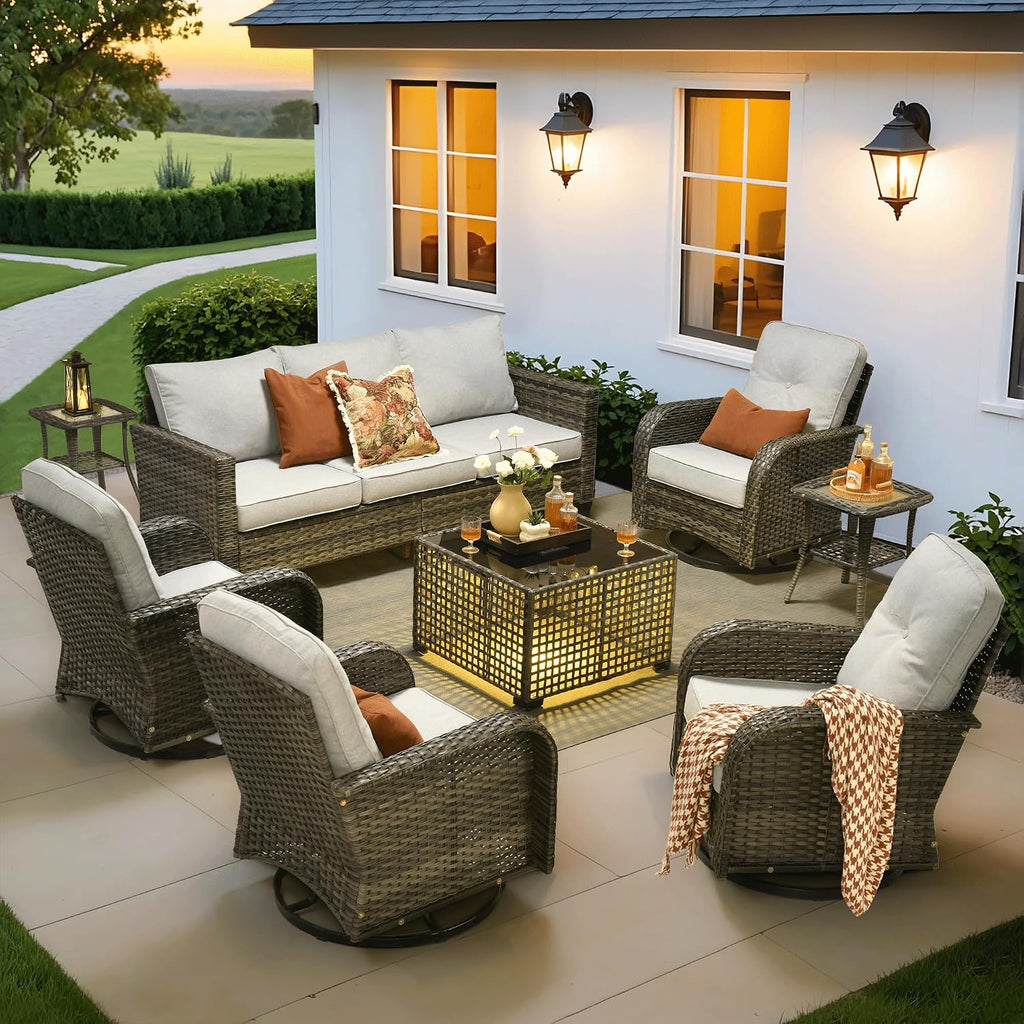 ovios 8 Pieces Patio Furniture Set, Outdoor Wicker Sofa Couch with Rocking Swivel Chairs Solar Lights Table, Modern Deep Seat Rattan Conversation Sets for Deck Porch, Grey