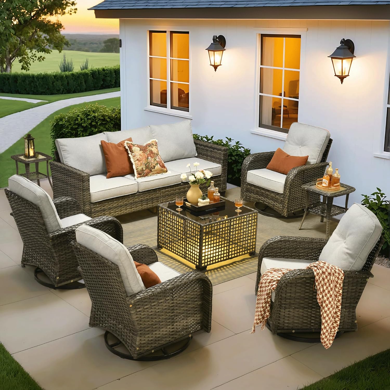 ovios 8 Pieces Patio Furniture Set, Outdoor Wicker Sofa Couch with Rocking Swivel Chairs Solar Lights Table, Modern Deep Seat Rattan Conversation Sets for Deck Porch, Grey