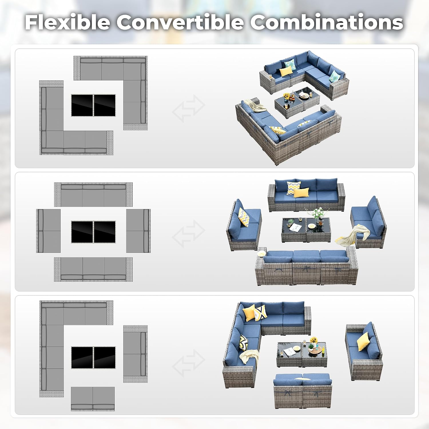 ovios 12 Pieces Patio Furniture Set, Outdoor Wicker Sectional Sofa with Coffee Table Comfy Cushions, Modern Modular Deep Seat Couch Rattan Conversation Set, Denim Blue