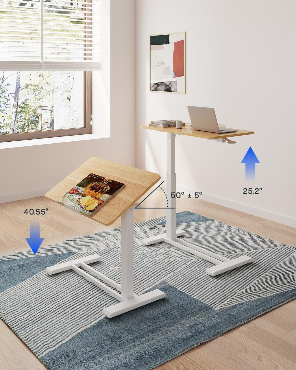 FLEXISPOT H7 PRO Mobile Standing Desk Adjustable Overbed Table Pneumatic with Wheels 55°Tiltable Portable Laptop Desk Rolling Computer Cart Foldable Bedside Table(27.6' W x 15.7' D, Maple)
