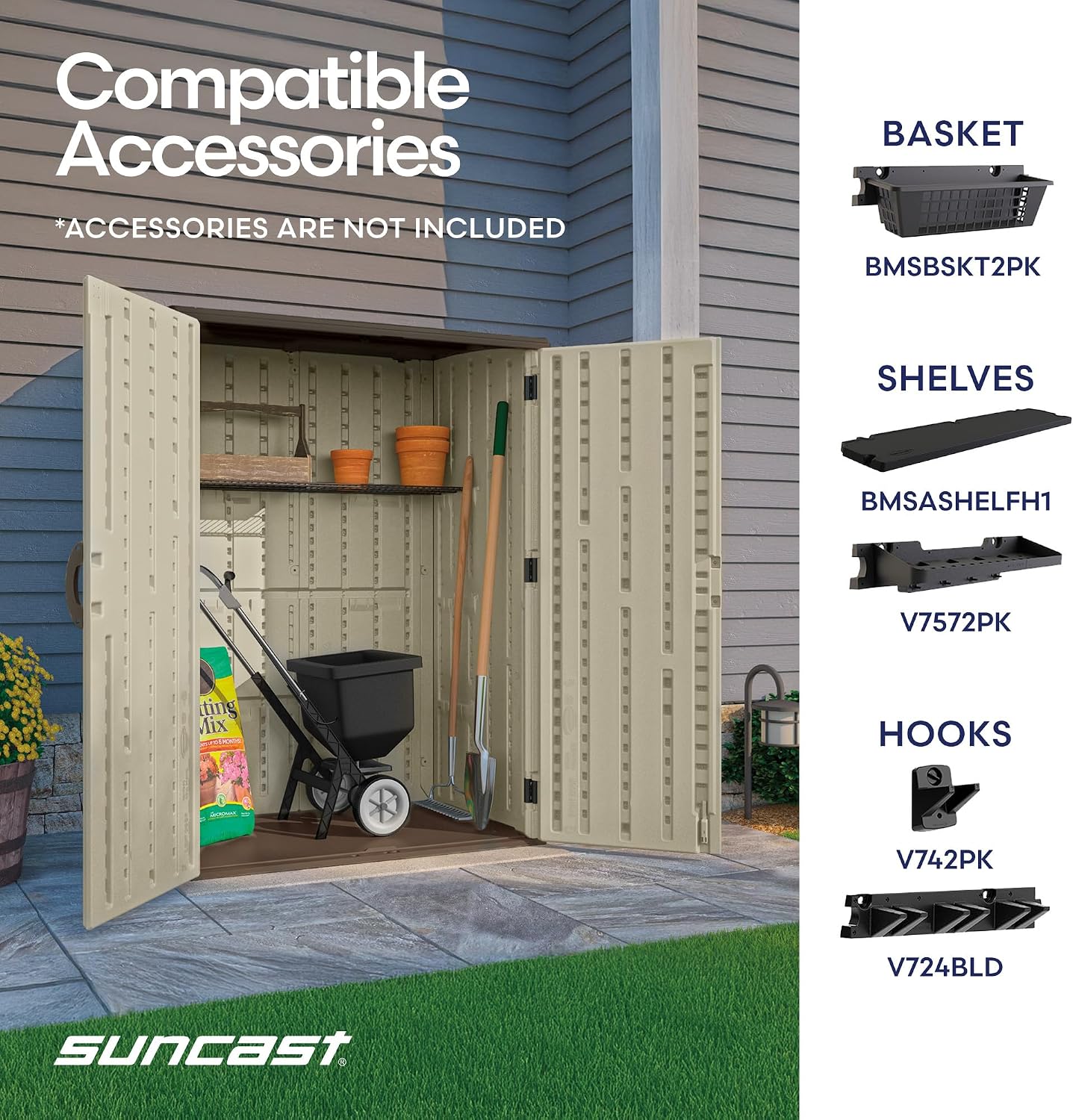 Suncast Outdoor Storage Shed, Water Resistant Resin Vertical Outdoor Storage Cabinet for Patio, Garden Tools, Cushions, & Equipment, Weatherproof Multi-Wall Design, 54 cu. ft., Made in USA