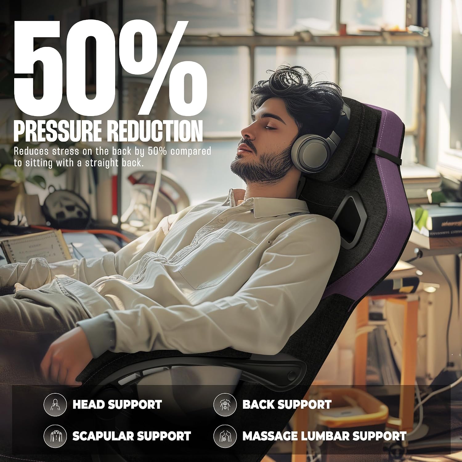 Dowinx Gaming Chair Fabric with Massage Lumbar Support, Big and Tall Gaming Chairs for Adults, High Back Computer Chair with Footrest for Office Gaming, Purple