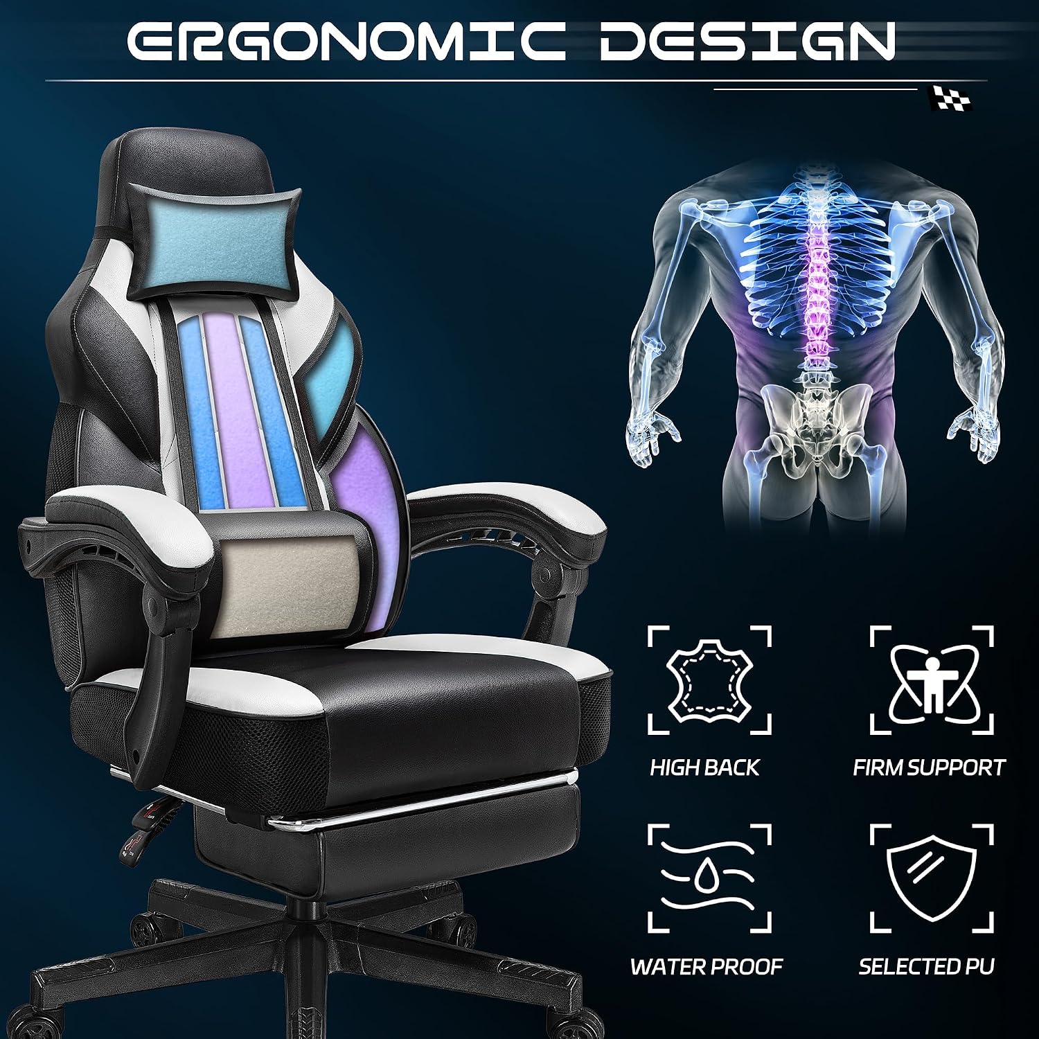 Big and Tall Gaming Chair for Adults, Heavy Duty Computer Chair with Footrest, Video Game Chair, Massage Lumbar Support, Wide Seat High Back Reclining Desk Chair, White