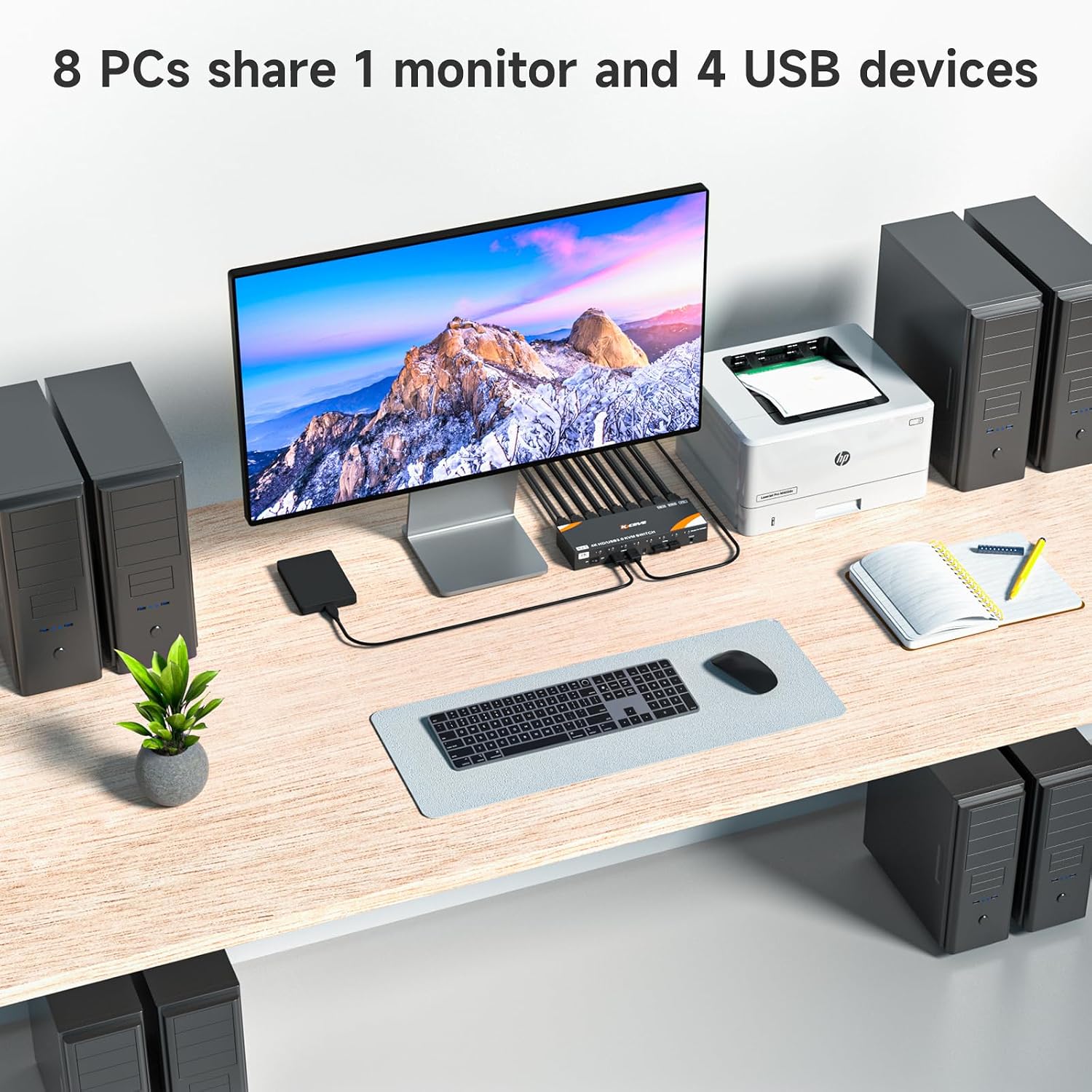 HDMI KVM Switch 8 Computers 1 Monitor, 8 Ports USB 3.0 KVM Switcher Support 4K@60Hz for 8 PC Share Keyboard and Mouse, Support Hotkey Switching Way