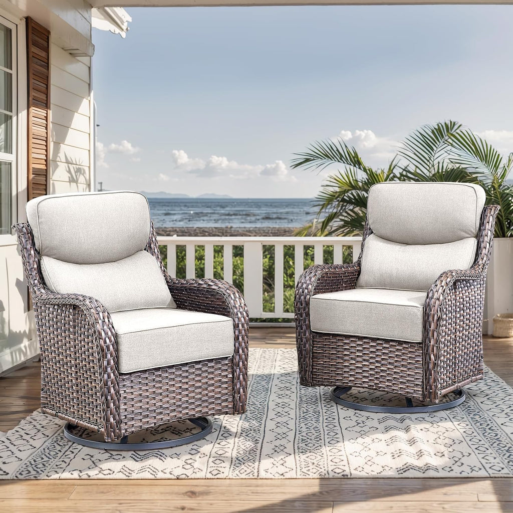 HUMMUH Wicker Patio Furniture Set with Patio Swivel Chairs Set of 4 and 50,000 BTU Fire Pit Table,6 Inch Thick Cushions High Back Outdoor Swivel Rocker Chairs Set for Porch, Balcony, Deck