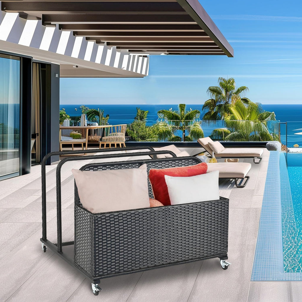 Poolside Float Storage Organizer, Pool Toy Storage Holder with Wicker Basket Outdoor Pool Float Holder Storages Rack Rolling Caddy Cart Raft Holder Storages Rack for Poolside Noodles Equipment Black