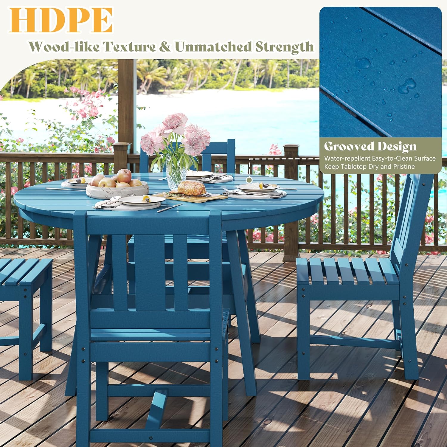 AMERLIFE 5 Piece HDPE Outdoor Dining Table & Chairs Set, All-Weather Patio Table and Chairs Set Furniture with Umbrella Hole for Garden, Backyard, Poolside, Seaside, Blue