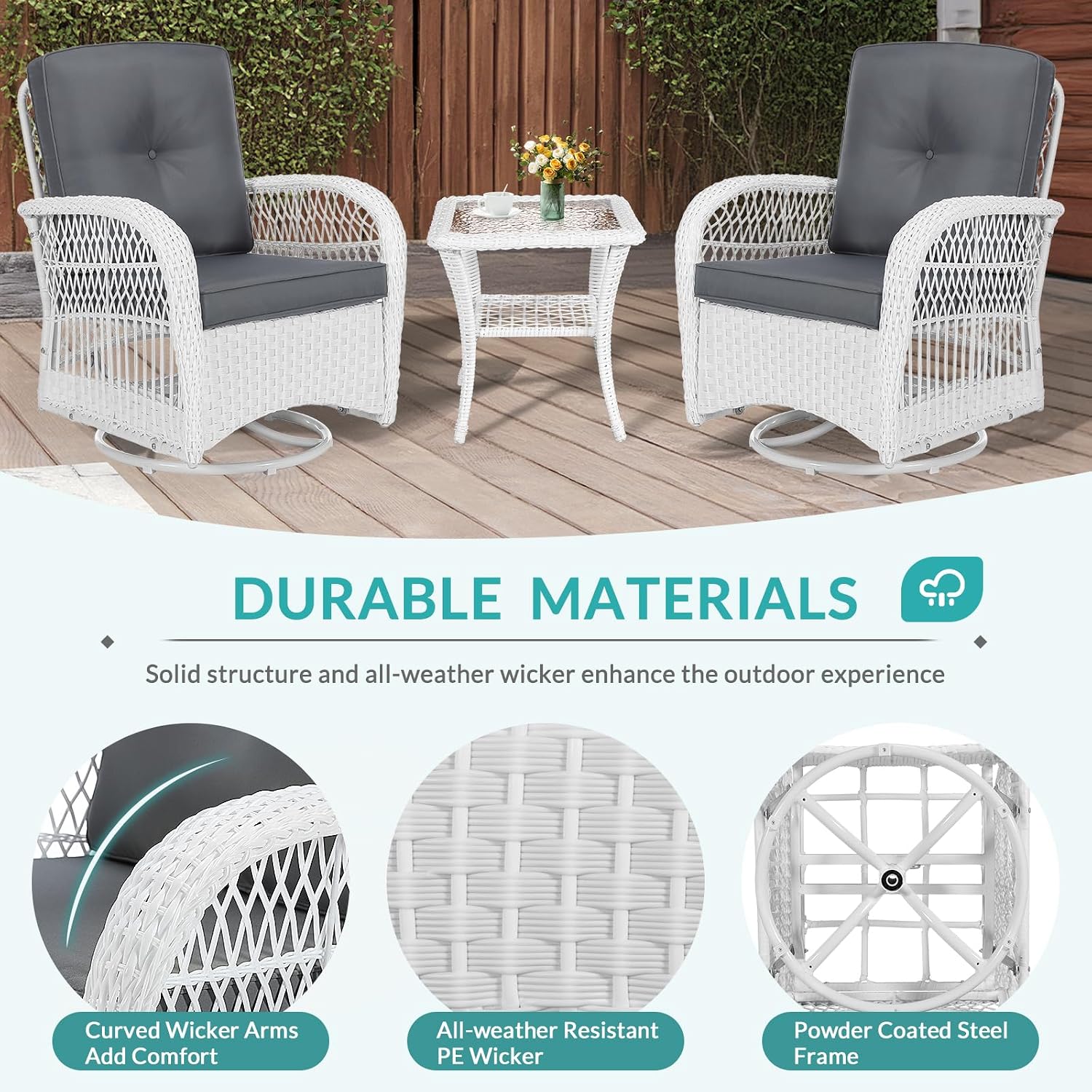 MEETWARM 3 Pieces Outdoor Wicker Swivel Rocker Patio Set, Rocking Chairs Rattan Patio Furniture Sets with Thickened Cushion and Glass-Top Coffee Table, Conversation Bistro Set, White Wicker/Grey