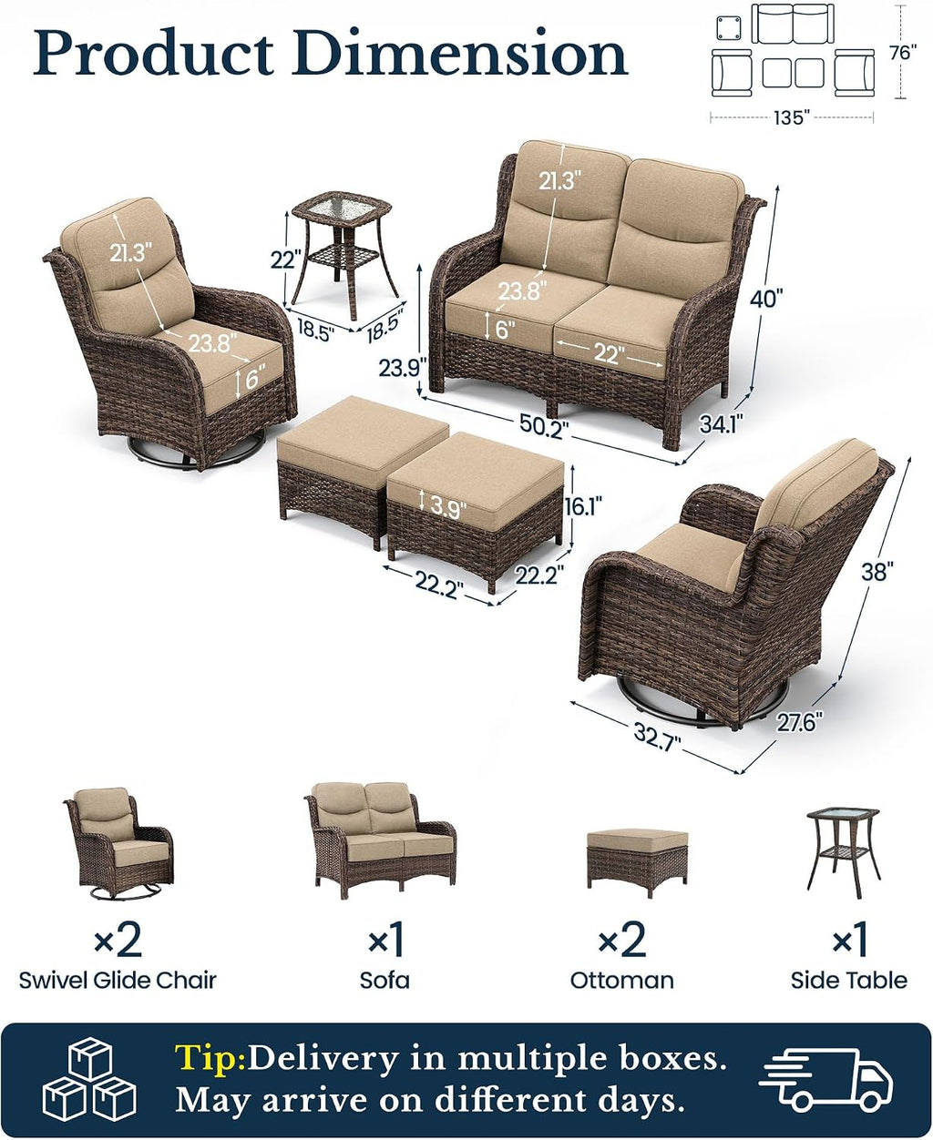 HILLGA 6-Piece Luxury Patio Furniture Set with 6' Thick Cushions, Weather-Resistant Wicker High Back Swivel Rocker Chairs, Senior-Friendly Outdoor Loveseat Set for Deck, Yard and Poolside, Beige(V2)