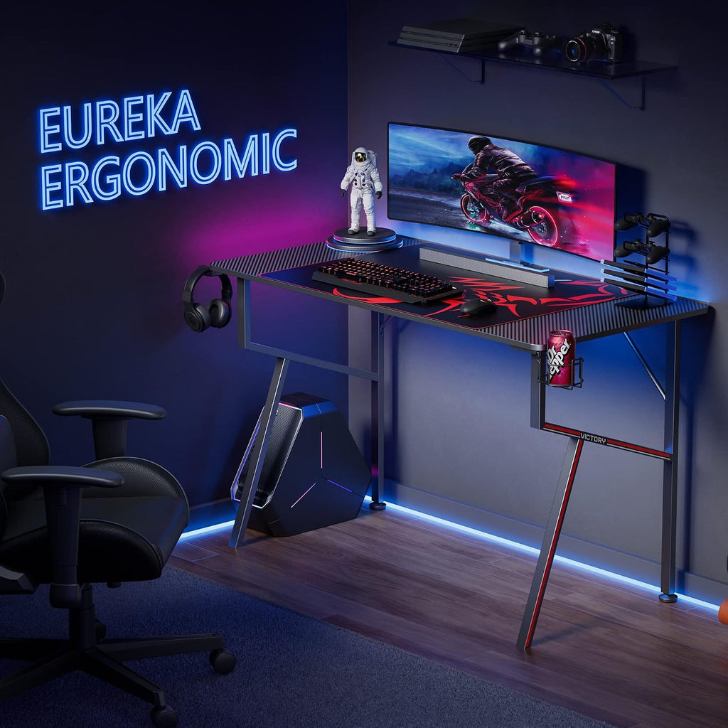 EUREKA ERGONOMIC Gaming Desk 47 Inch, K Shaped Home Office PC Computer Desk Table for Gamer with Cable Management, Carbon Fiber Black