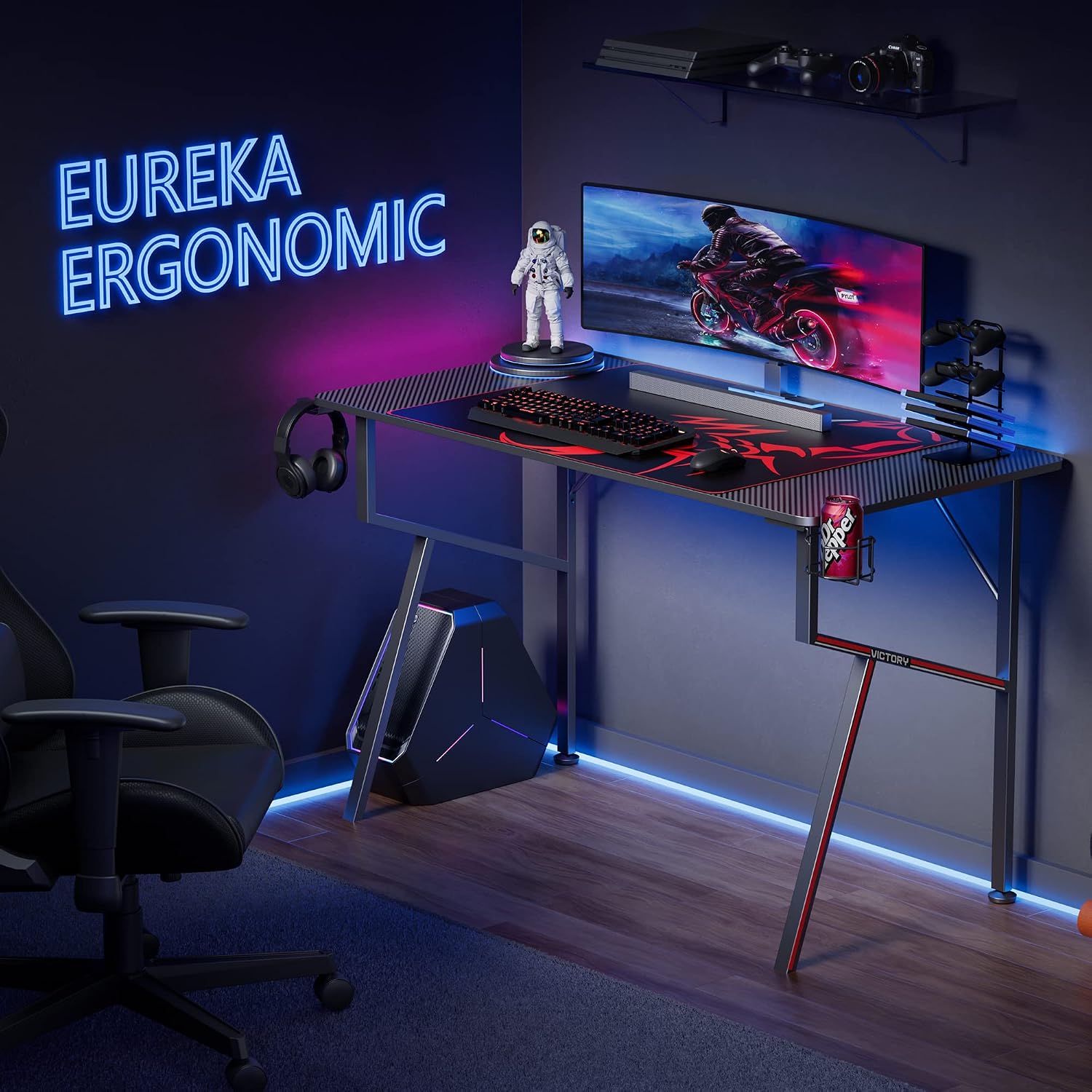 EUREKA ERGONOMIC Gaming Desk 47 Inch, K Shaped Home Office PC Computer Desk Table for Gamer with Cable Management, Carbon Fiber Black